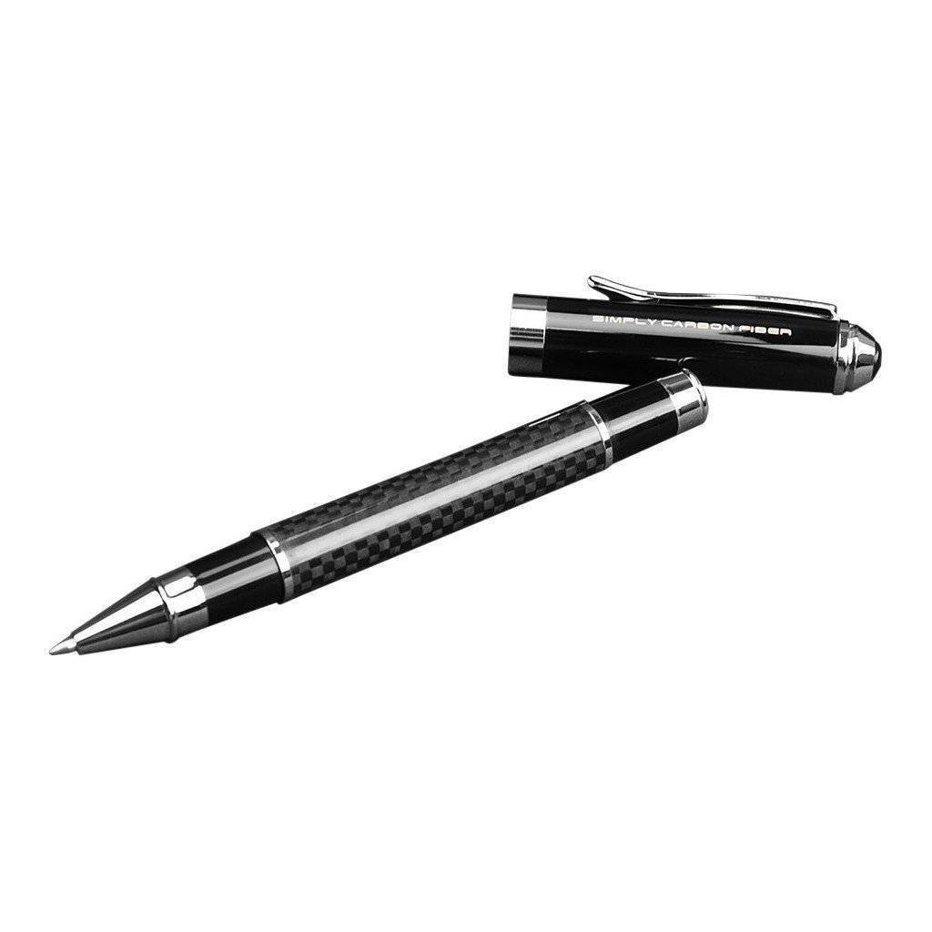 Real Carbon Fiber Rollerball Pen with silver metal accents, elegantly designed for smooth writing.