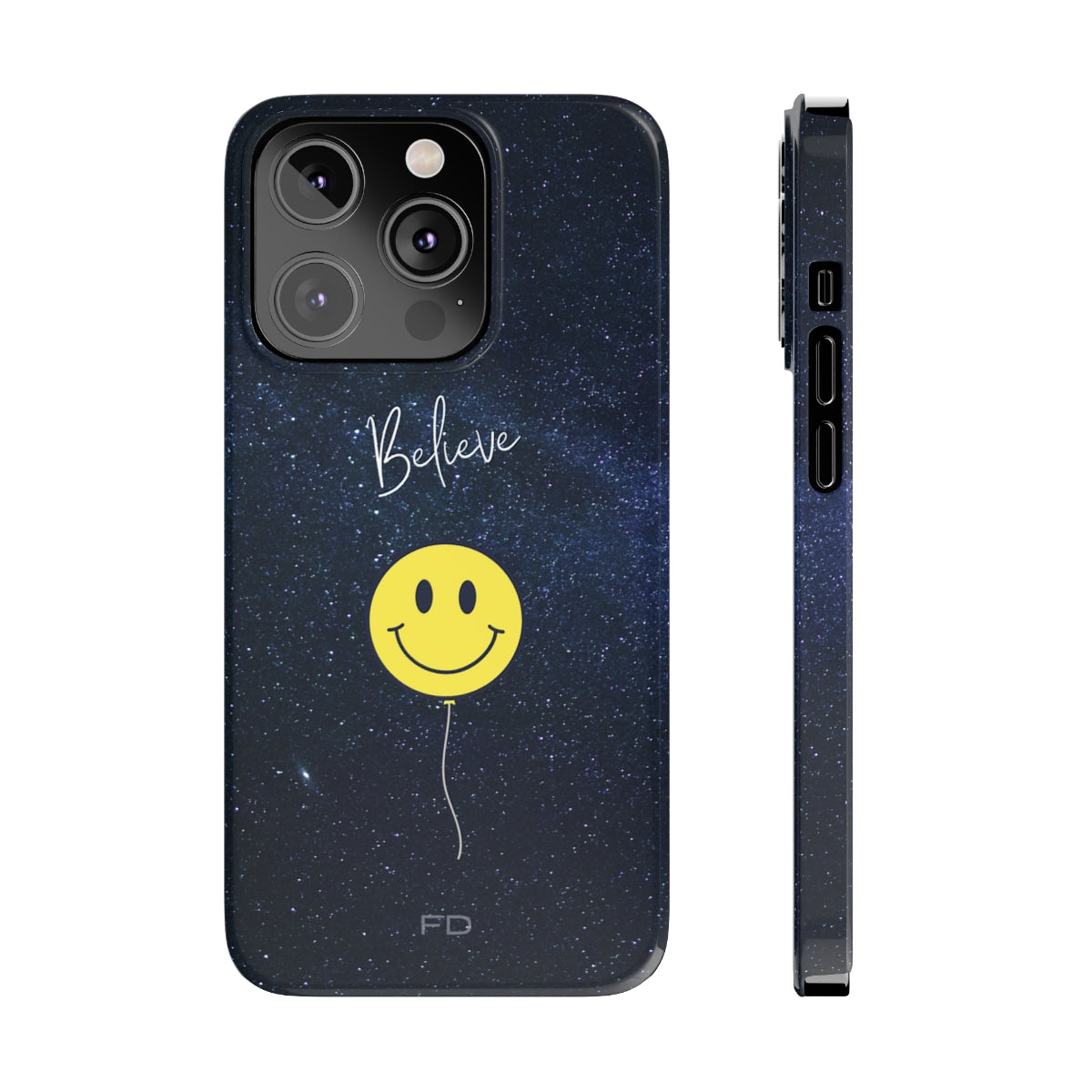 Smiley Face in Space Believe Slim Case for iPhone 14, featuring a glossy finish and a fun cosmic design.