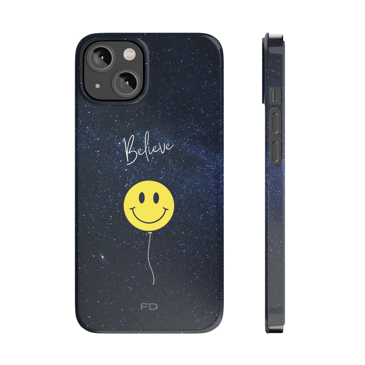 Smiley Face in Space Believe Slim Case for iPhone 14, featuring a glossy finish and a fun cosmic design.