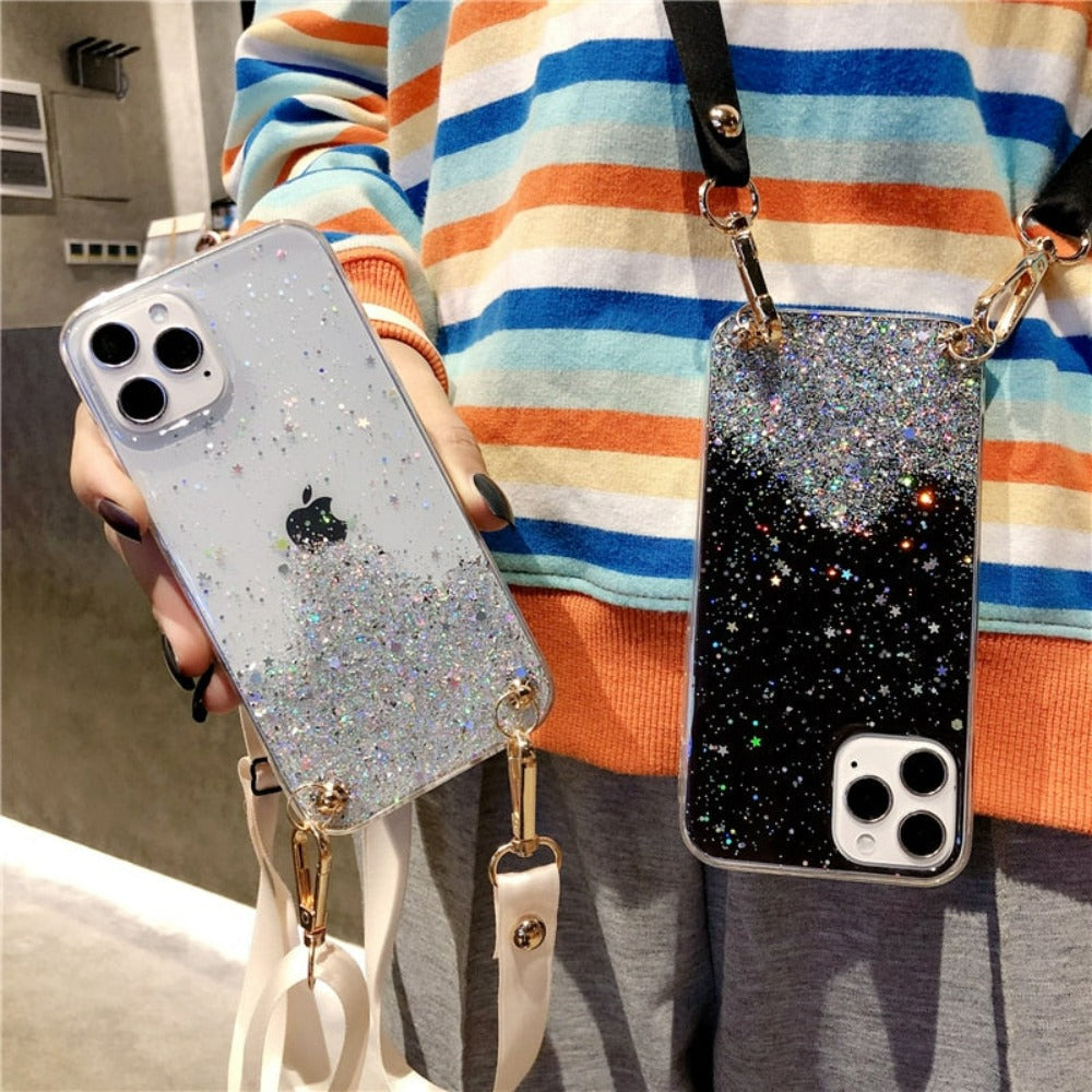 Sparkly Protective Case for iPhone with Strap, showcasing a dazzling design and soft silicon material for durability and style.