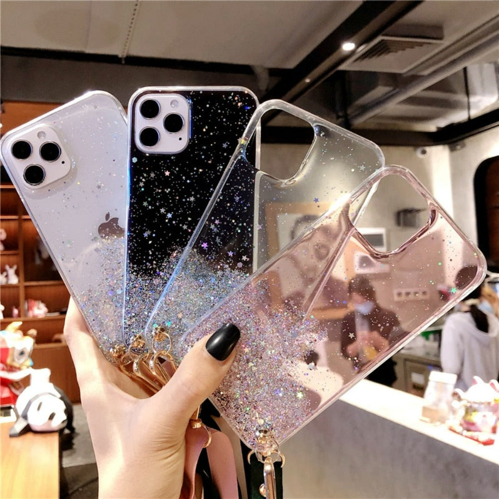 Sparkly Protective Case for iPhone with Strap, showcasing a dazzling design and soft silicon material for durability and style.