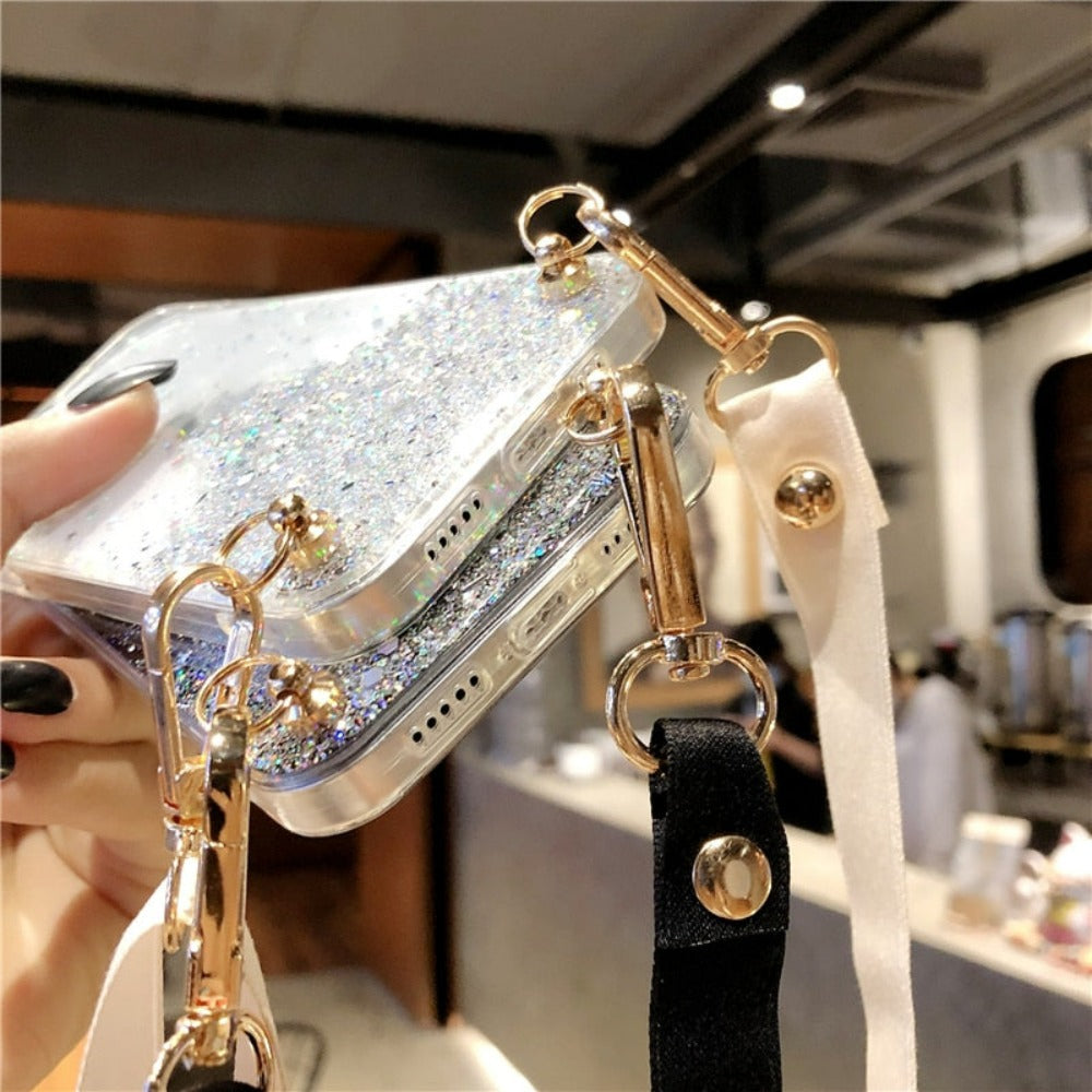 Sparkly Protective Case for iPhone with Strap, showcasing a dazzling design and soft silicon material for durability and style.