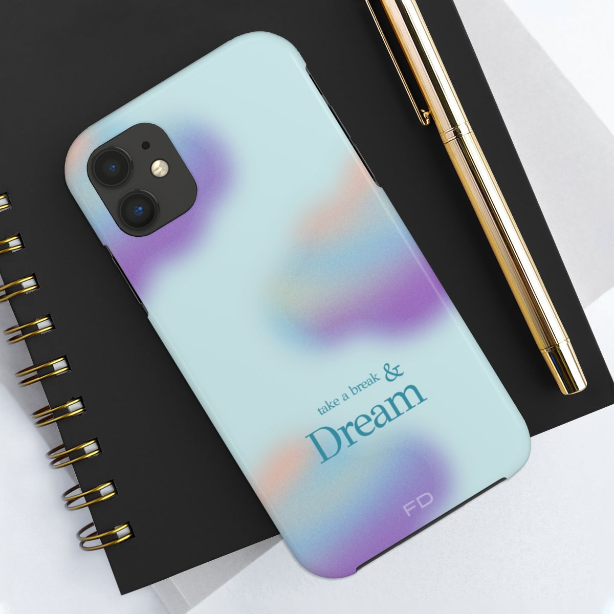 Take a Break and Dream Touch Case for iPhone, showcasing a glossy finish and positive message, designed for impact resistance and wireless charging.