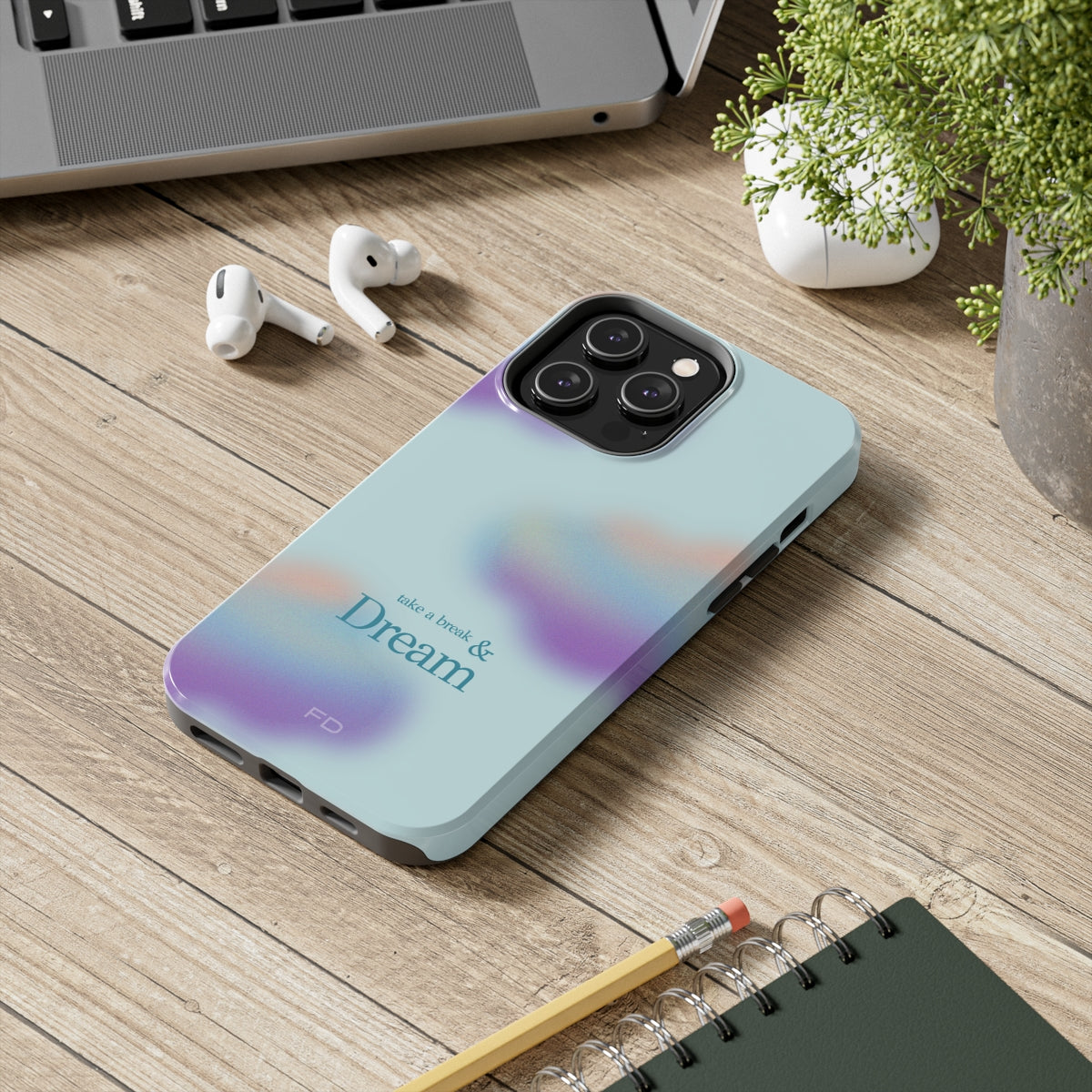 Take a Break and Dream Touch Case for iPhone, showcasing a glossy finish and positive message, designed for impact resistance and wireless charging.