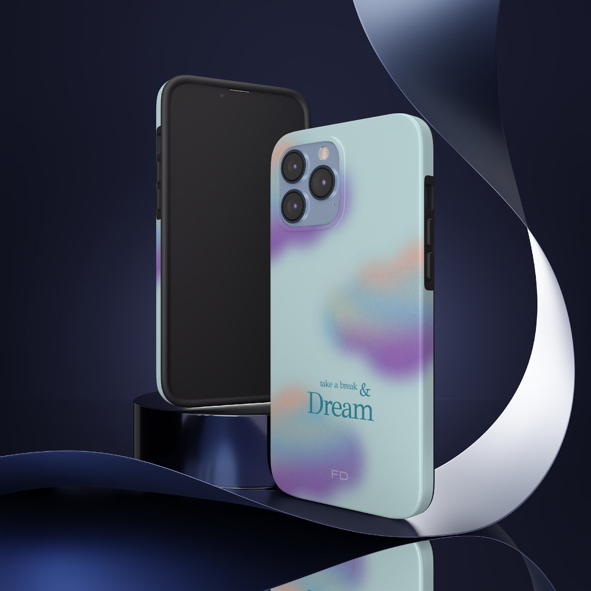 Take a Break and Dream Touch Case for iPhone, showcasing a glossy finish and positive message, designed for impact resistance and wireless charging.