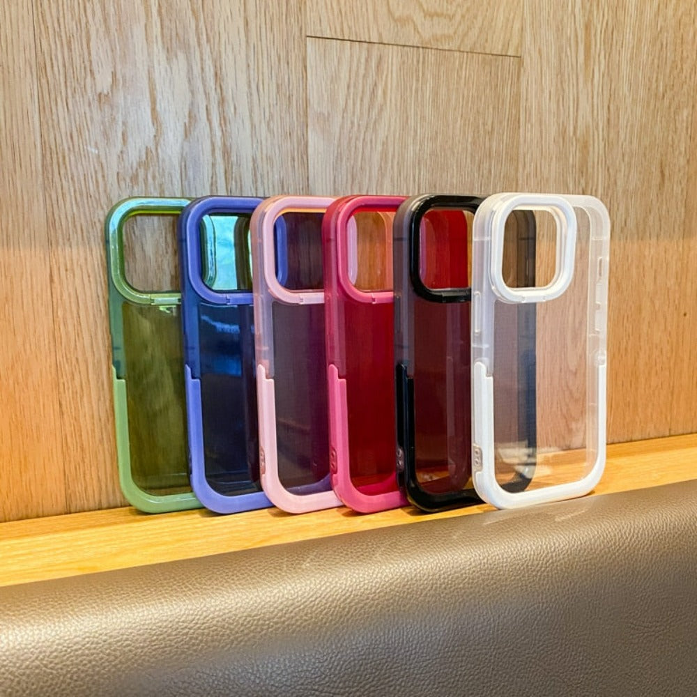 Transparent iPhone Stand Case showcasing sleek design and built-in stand feature.