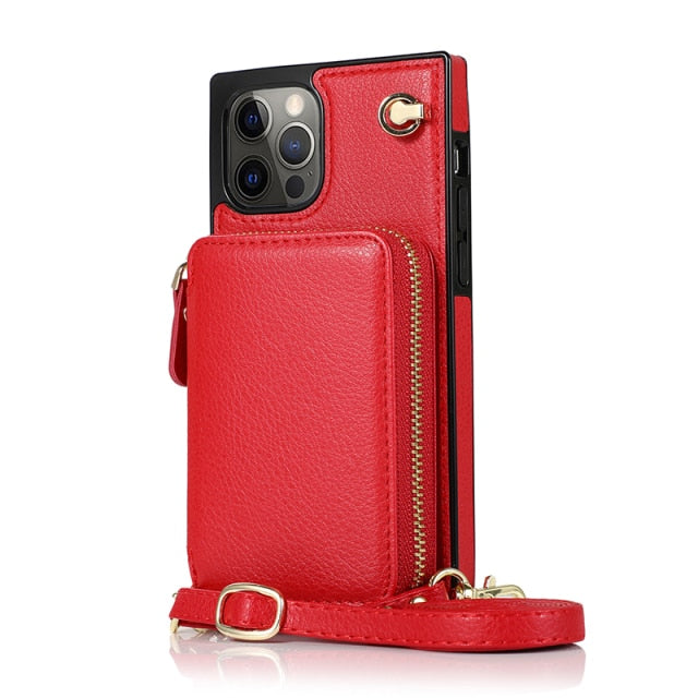 Zipper Wallet Case with Adjustable Crossbody Strap for iPhone in various colors, showcasing card slots and zipper pouch.