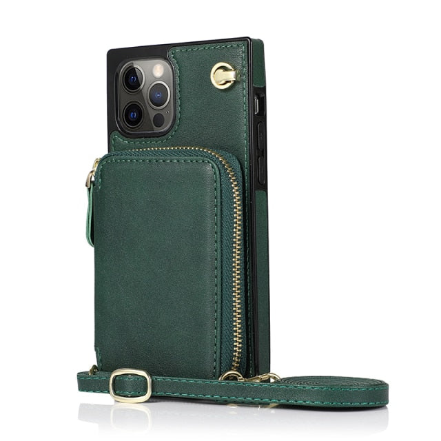 Zipper Wallet Case with Adjustable Crossbody Strap for iPhone in various colors, showcasing card slots and zipper pouch.