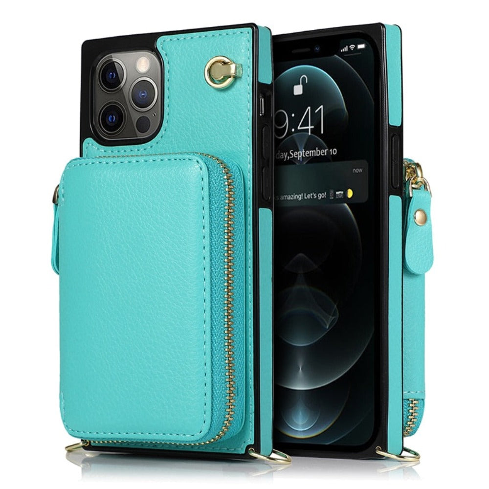 Zipper Wallet Case with Adjustable Crossbody Strap for iPhone in various colors, showcasing card slots and zipper pouch.