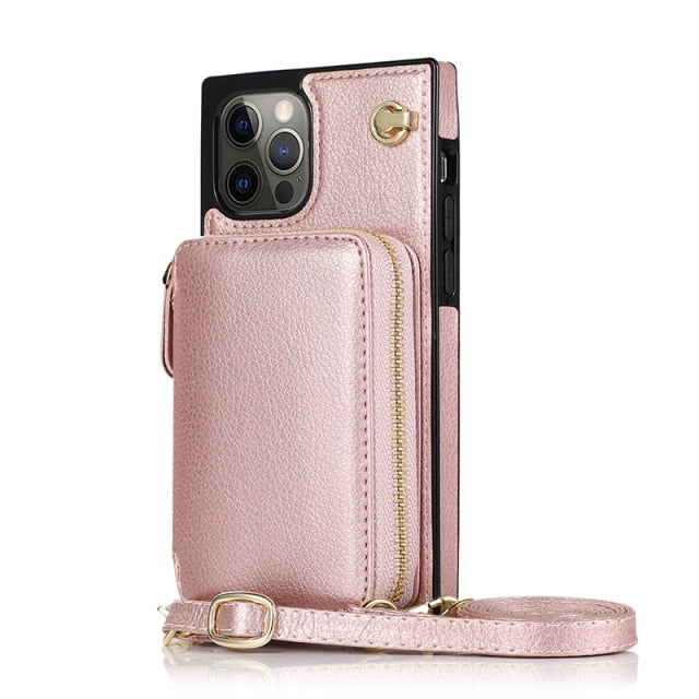 Zipper Wallet Case with Adjustable Crossbody Strap for iPhone in various colors, showcasing card slots and zipper pouch.