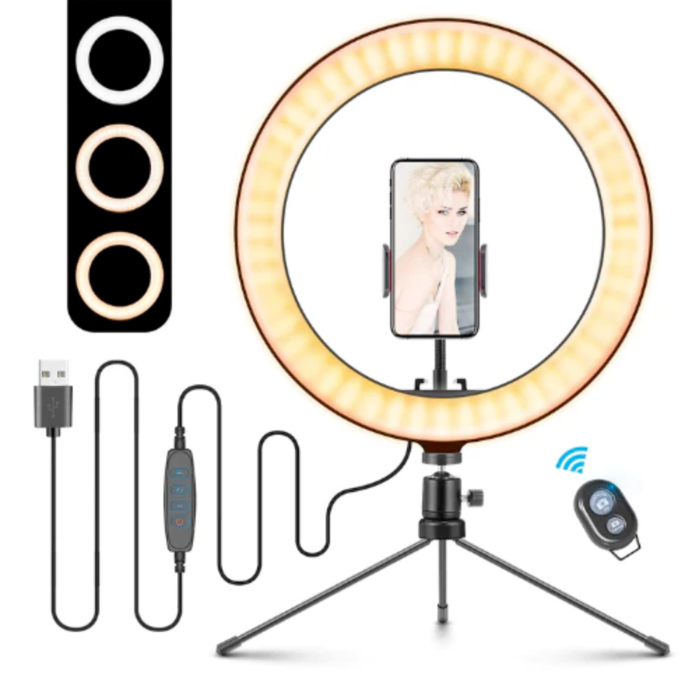 A 10-inch table top selfie LED lamp with adjustable brightness and color modes, featuring a phone holder and remote control, ideal for streaming and photography.