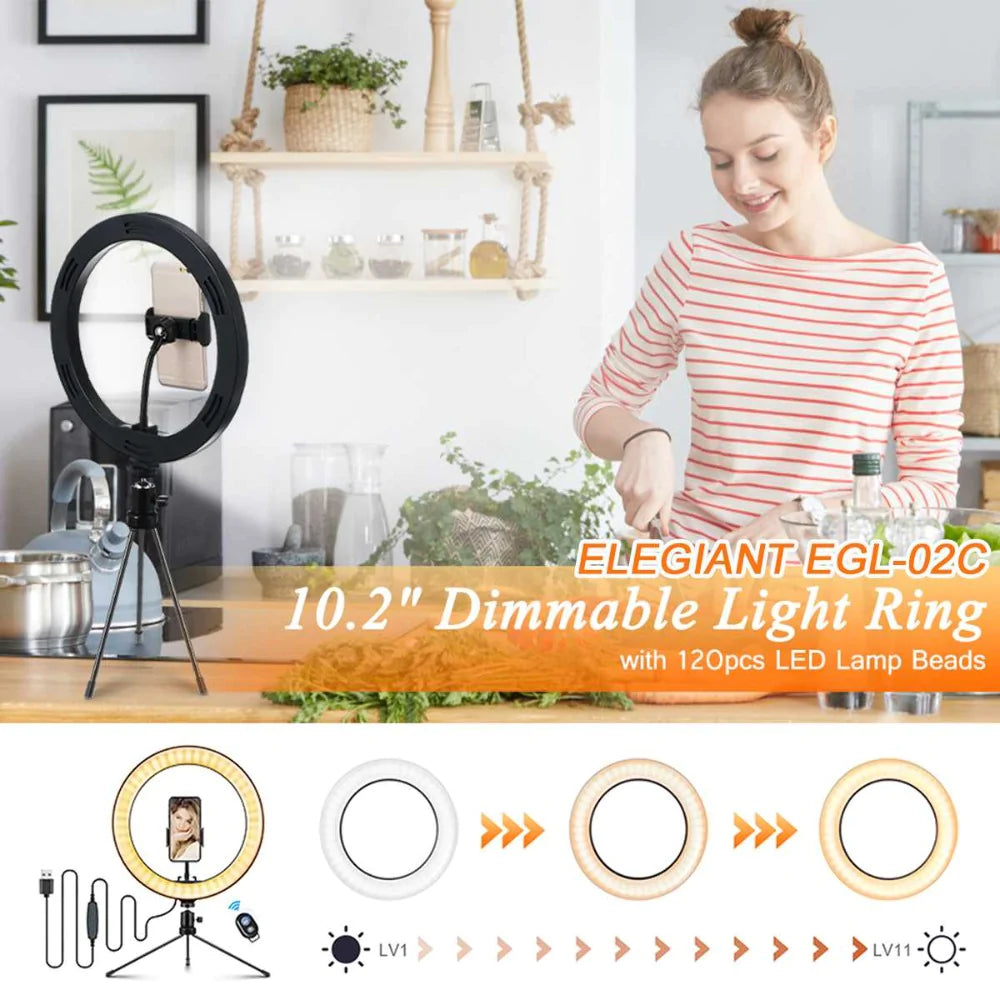 A 10-inch table top selfie LED lamp with adjustable brightness and color modes, featuring a phone holder and remote control, ideal for streaming and photography.