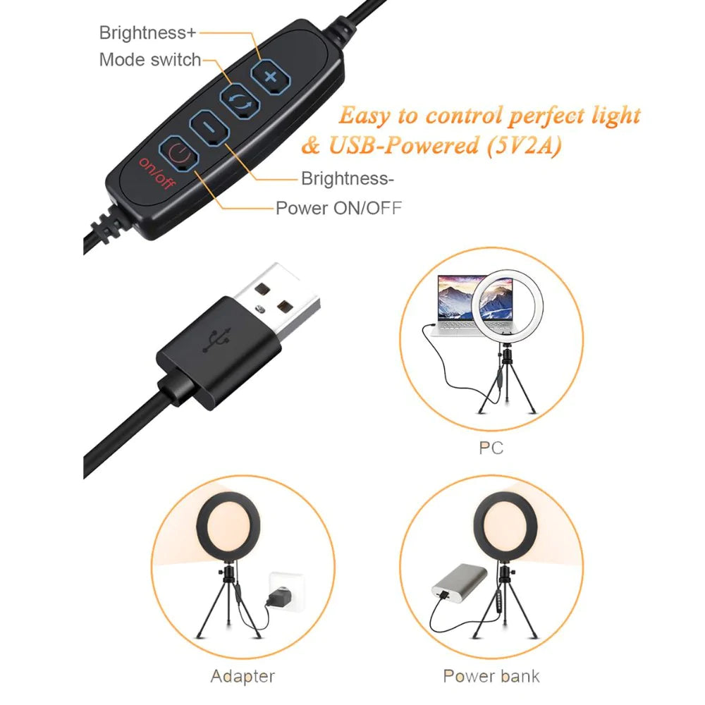 A 10-inch table top selfie LED lamp with adjustable brightness and color modes, featuring a phone holder and remote control, ideal for streaming and photography.