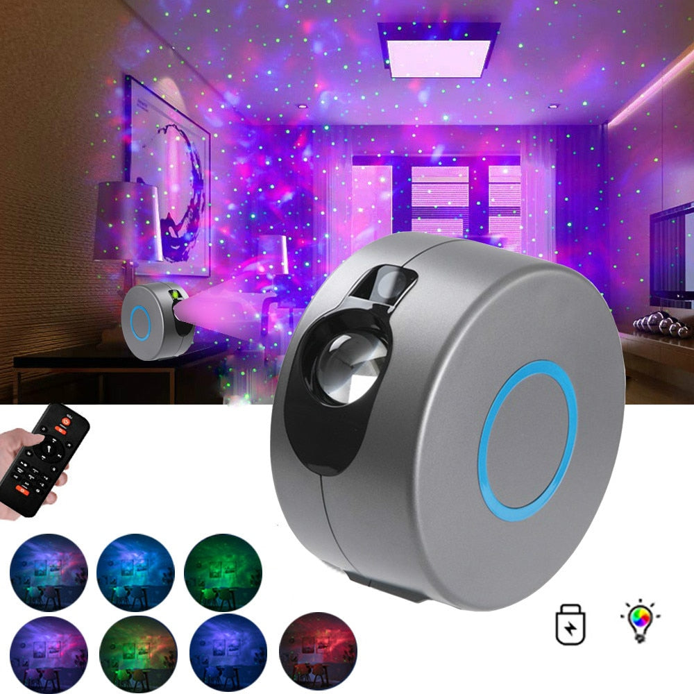 Galaxy Starry Sky Projector Rotating showcasing colorful dynamic projections of stars and waves, with a remote control for easy operation.