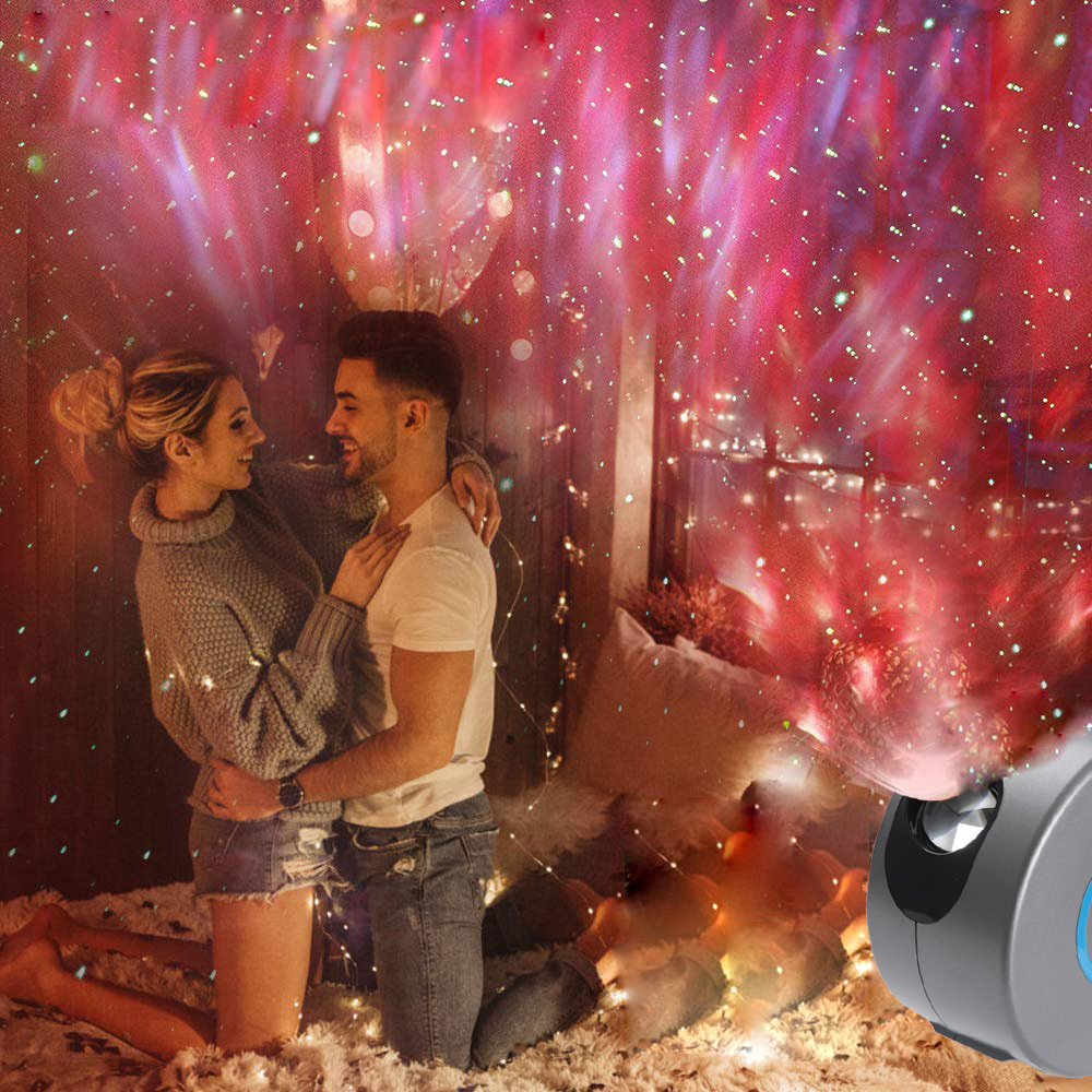 Galaxy Starry Sky Projector Rotating showcasing colorful dynamic projections of stars and waves, with a remote control for easy operation.