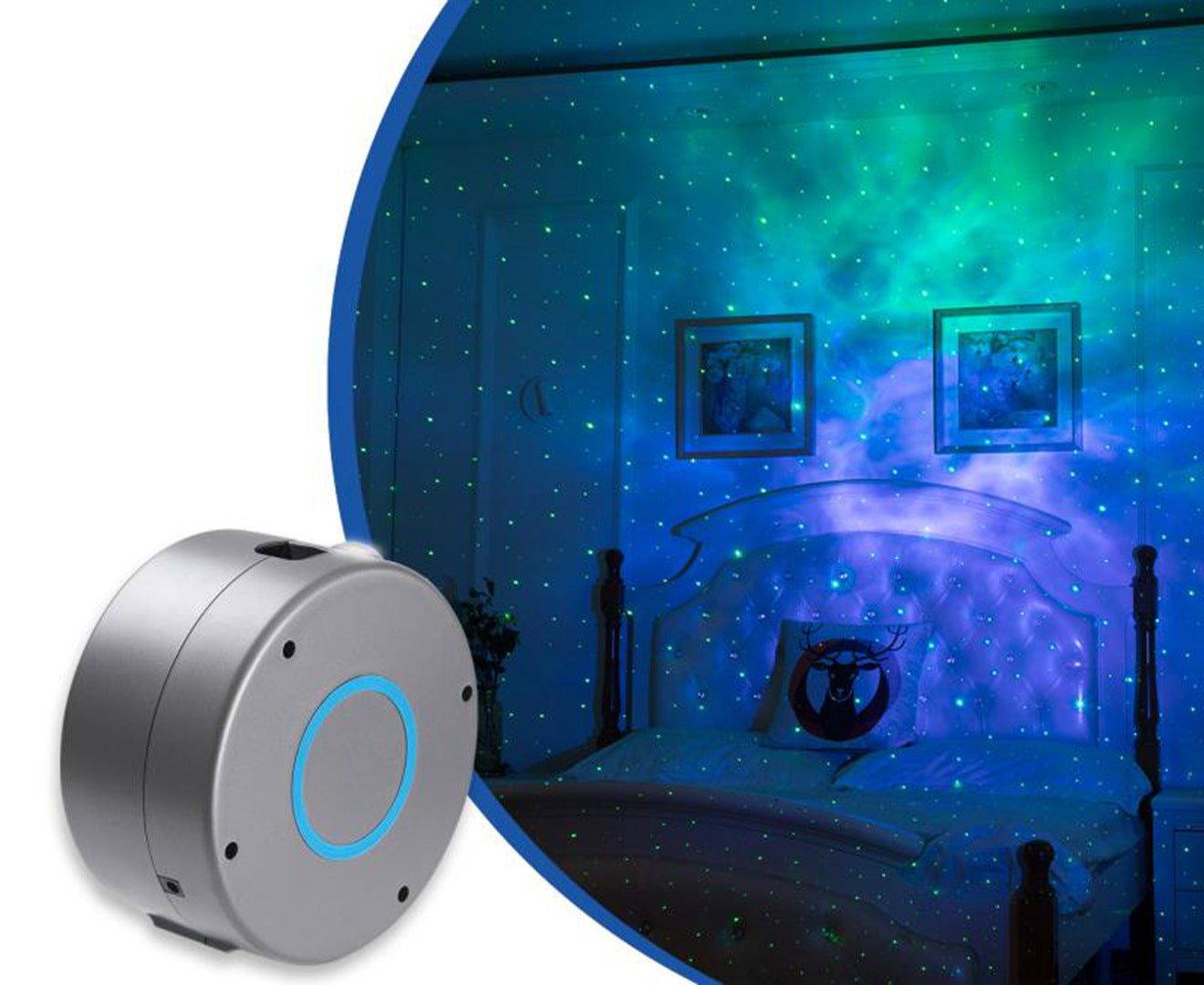 Galaxy Starry Sky Projector Rotating showcasing colorful dynamic projections of stars and waves, with a remote control for easy operation.