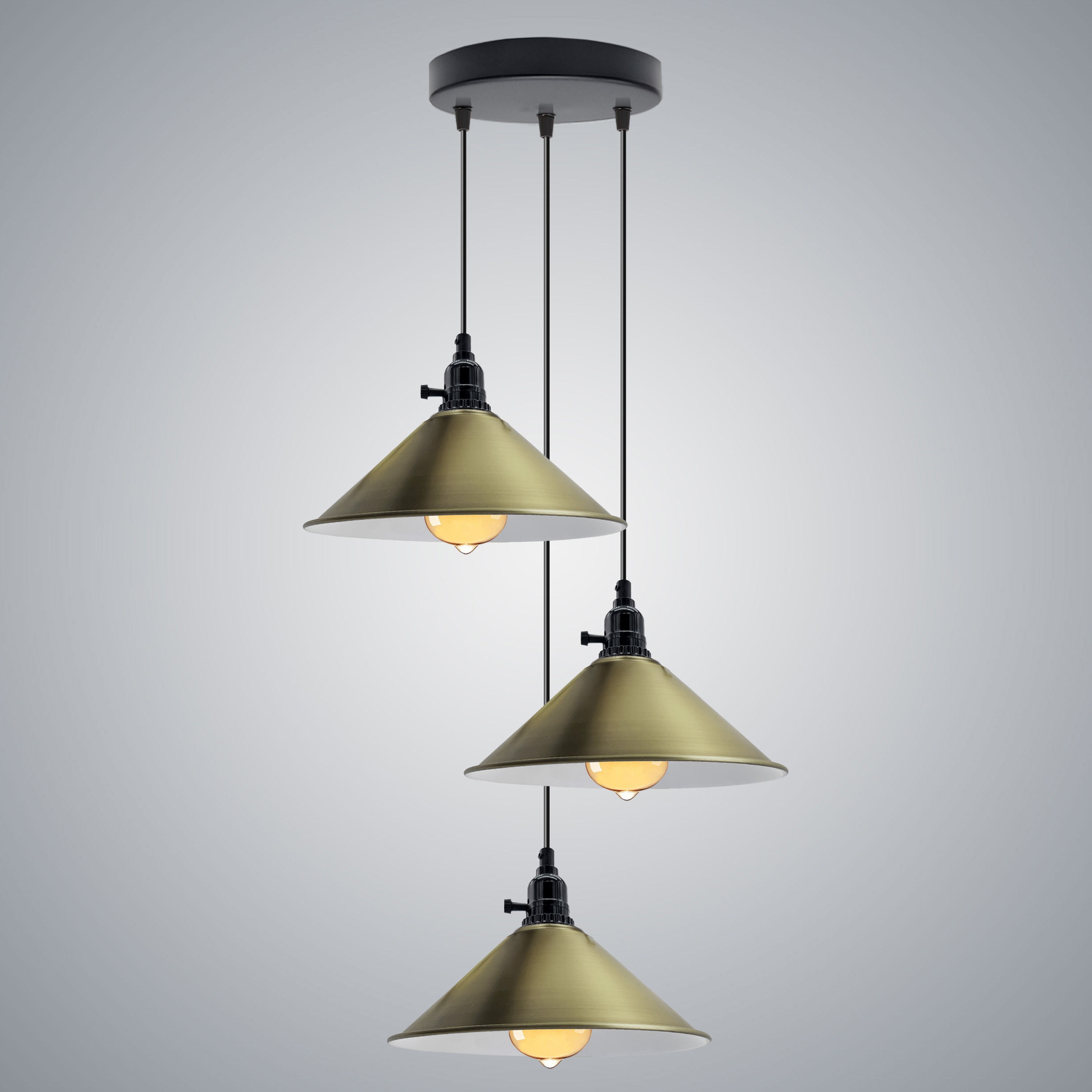 Industrial 3 Head Cluster Ceiling Pendant Light with adjustable cords, featuring vintage cone-shaped shades and E27 bulb sockets.