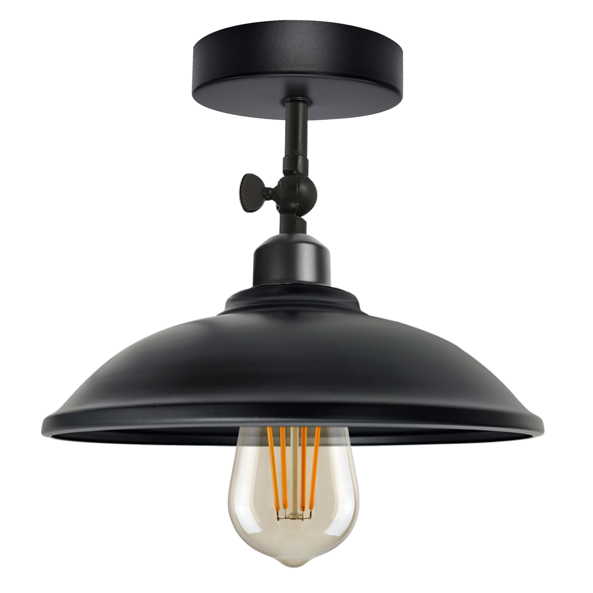 Vintage Black Industrial Ceiling Flush Mount Light Fixture with 180-degree adjustable angle, showcasing its sleek metal design and E27 bulb socket.