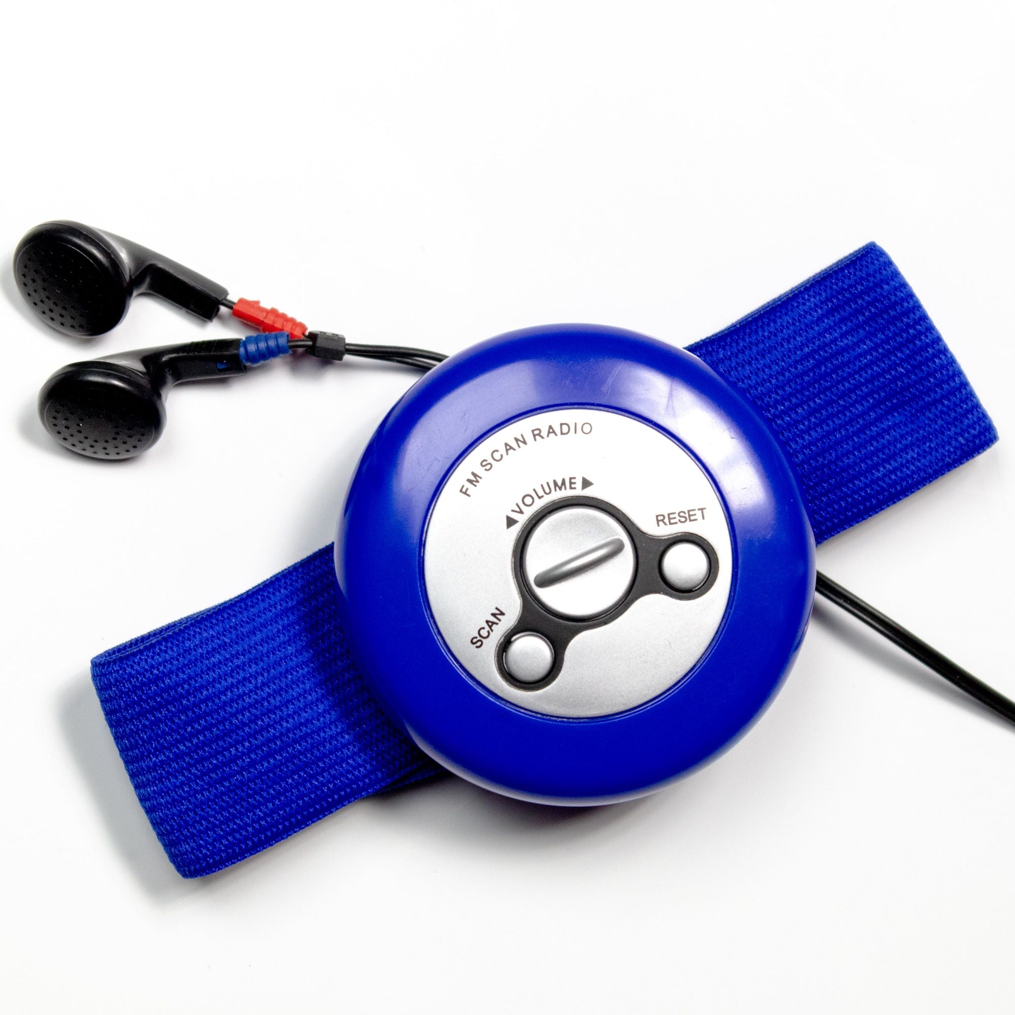 Jogger's Pal Armband FM Radio in blue with headphones, designed for comfortable jogging and music enjoyment.