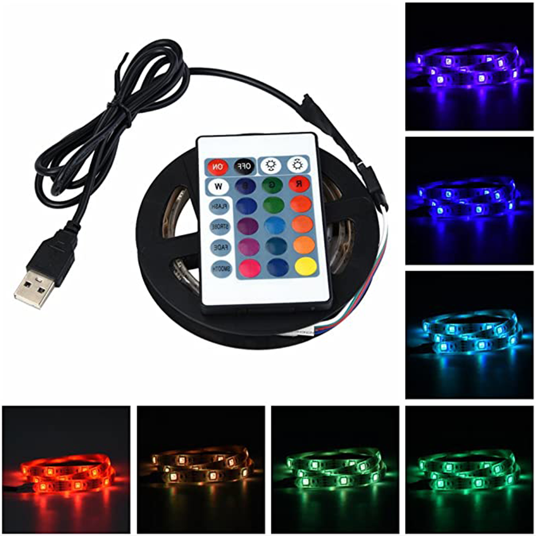 LED TV Mood Light with colorful LED strip illuminating a TV, showcasing vibrant colors and remote control.