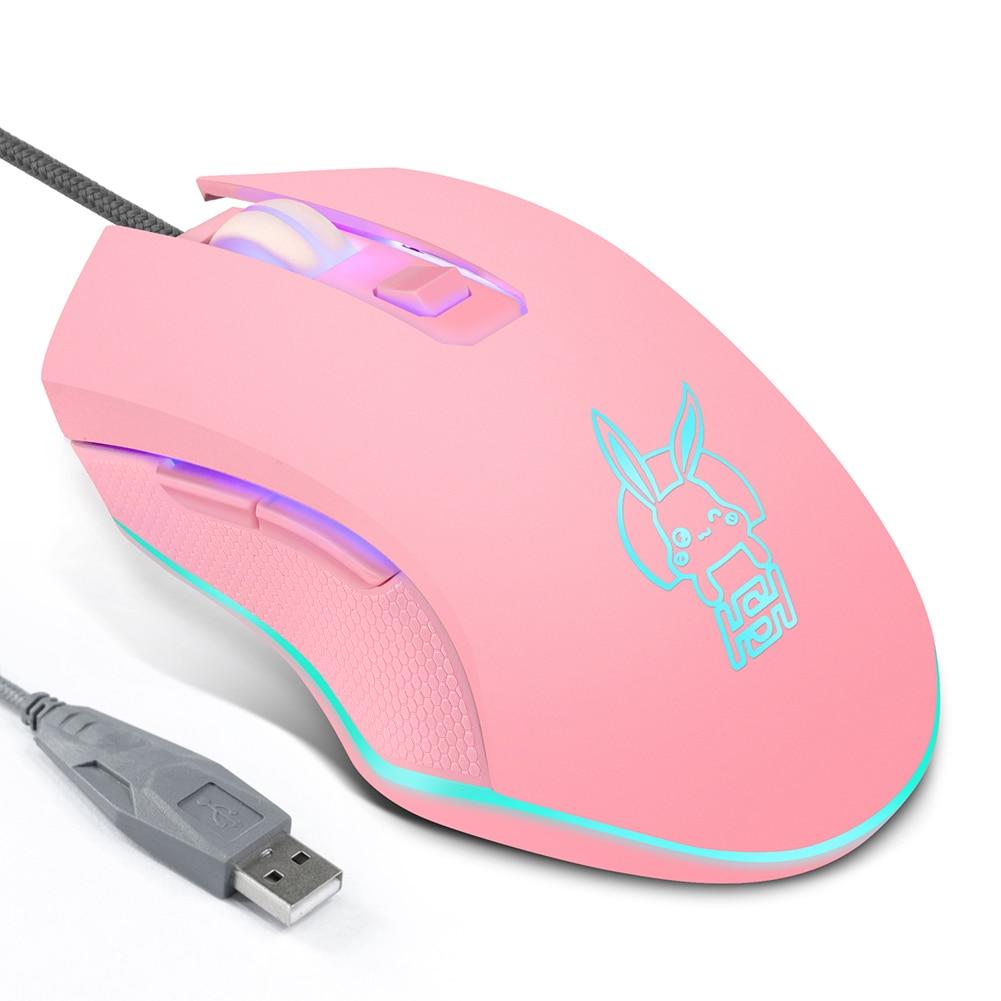 2400dpi LED Dimmable Wired Mouse in black and pink, showcasing ergonomic design and six buttons for gaming.