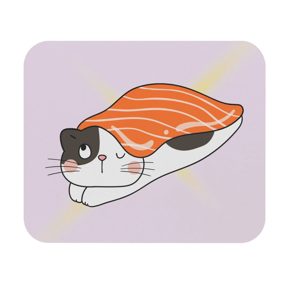 Adorabl Kawaii Cat Sushi Mouse Pad featuring a cute anime cat sushi design on a durable foam surface with a rubber base.