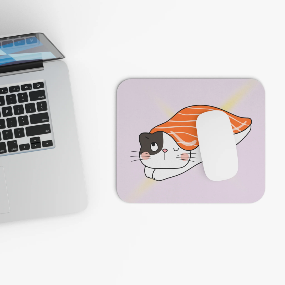 Adorabl Kawaii Cat Sushi Mouse Pad featuring a cute anime cat sushi design on a durable foam surface with a rubber base.