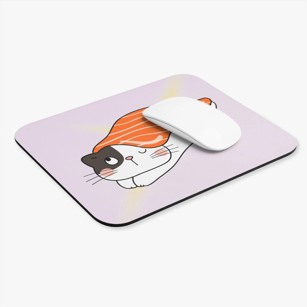 Adorabl Kawaii Cat Sushi Mouse Pad featuring a cute anime cat sushi design on a durable foam surface with a rubber base.