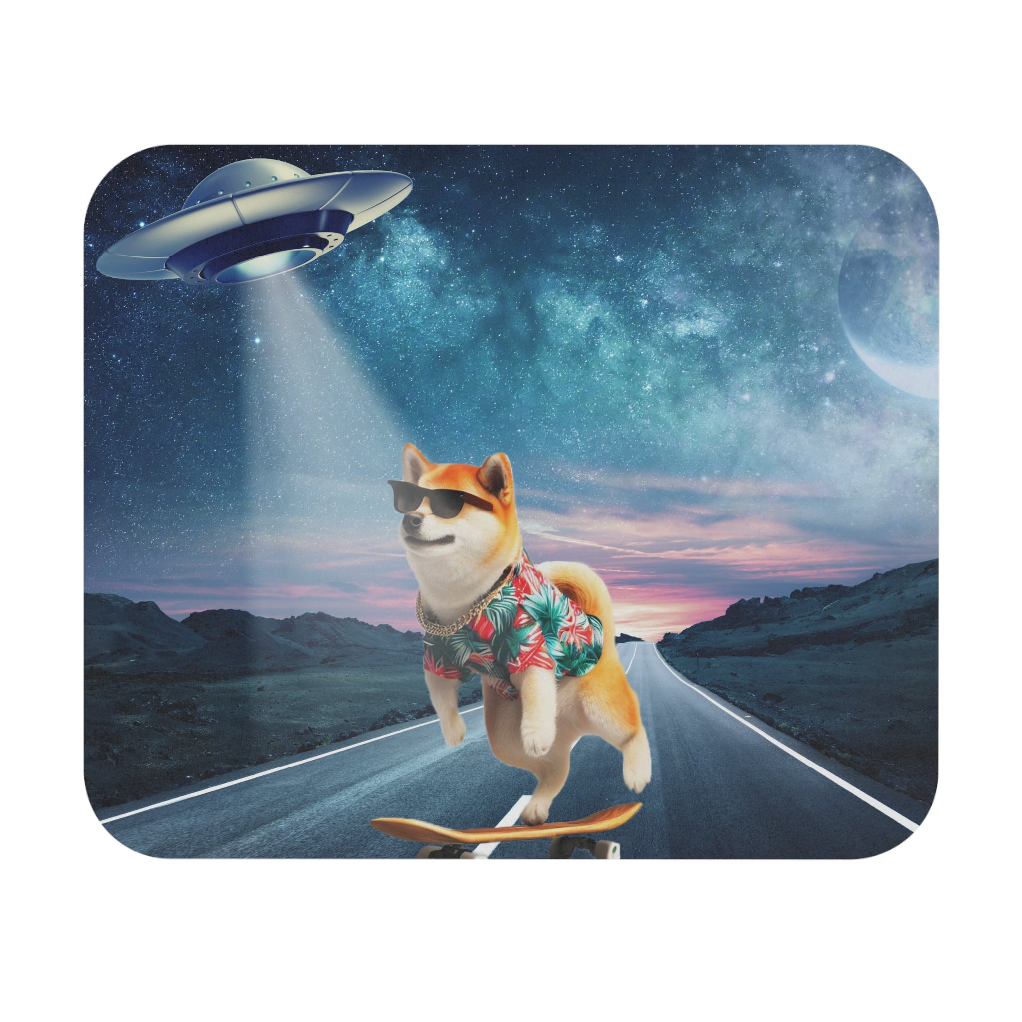 Another UFO Abduction Mouse Pad featuring a cute dog being abducted by a UFO, with a rubber base for grip and smooth mouse sliding action.