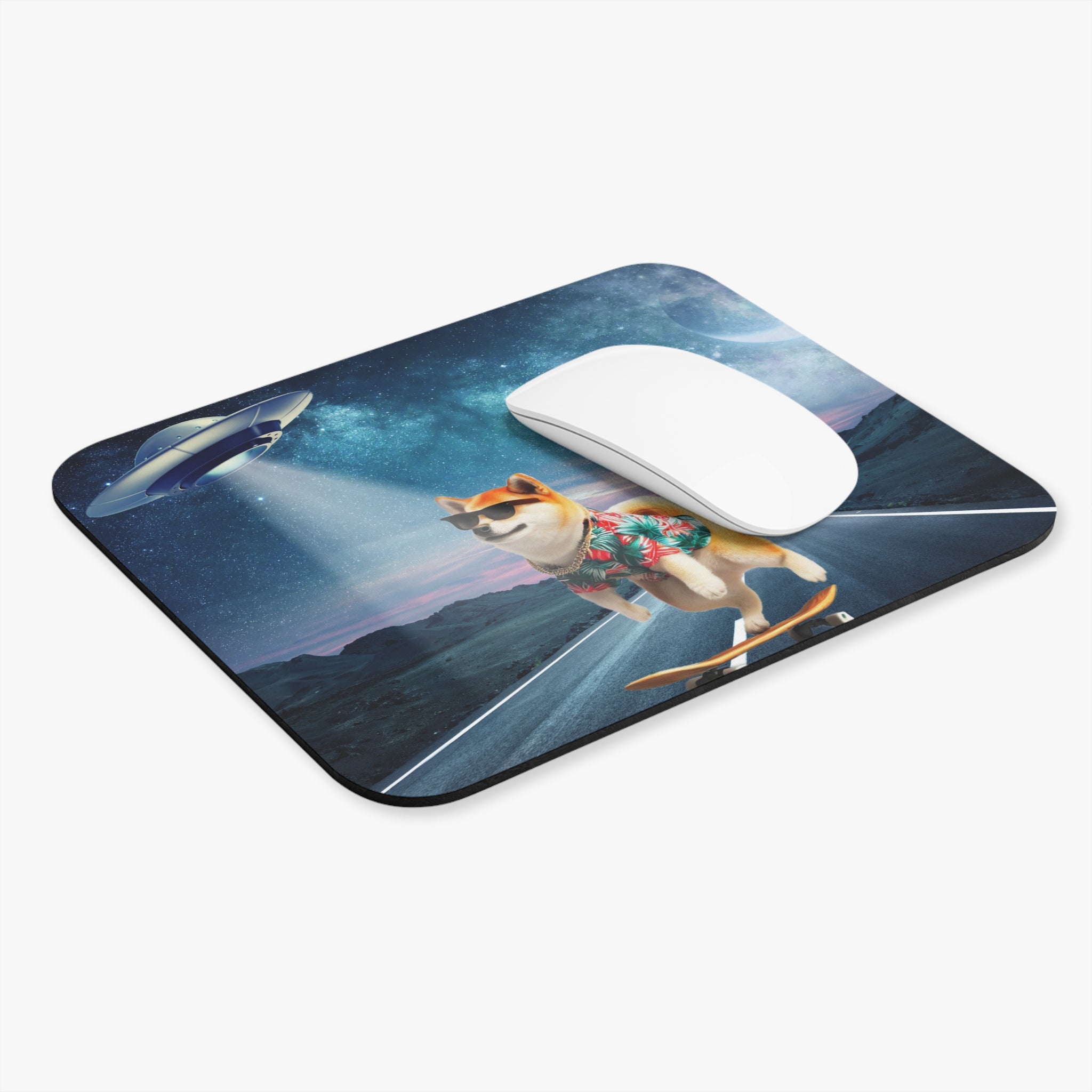 Another UFO Abduction Mouse Pad featuring a cute dog being abducted by a UFO, with a rubber base for grip and smooth mouse sliding action.