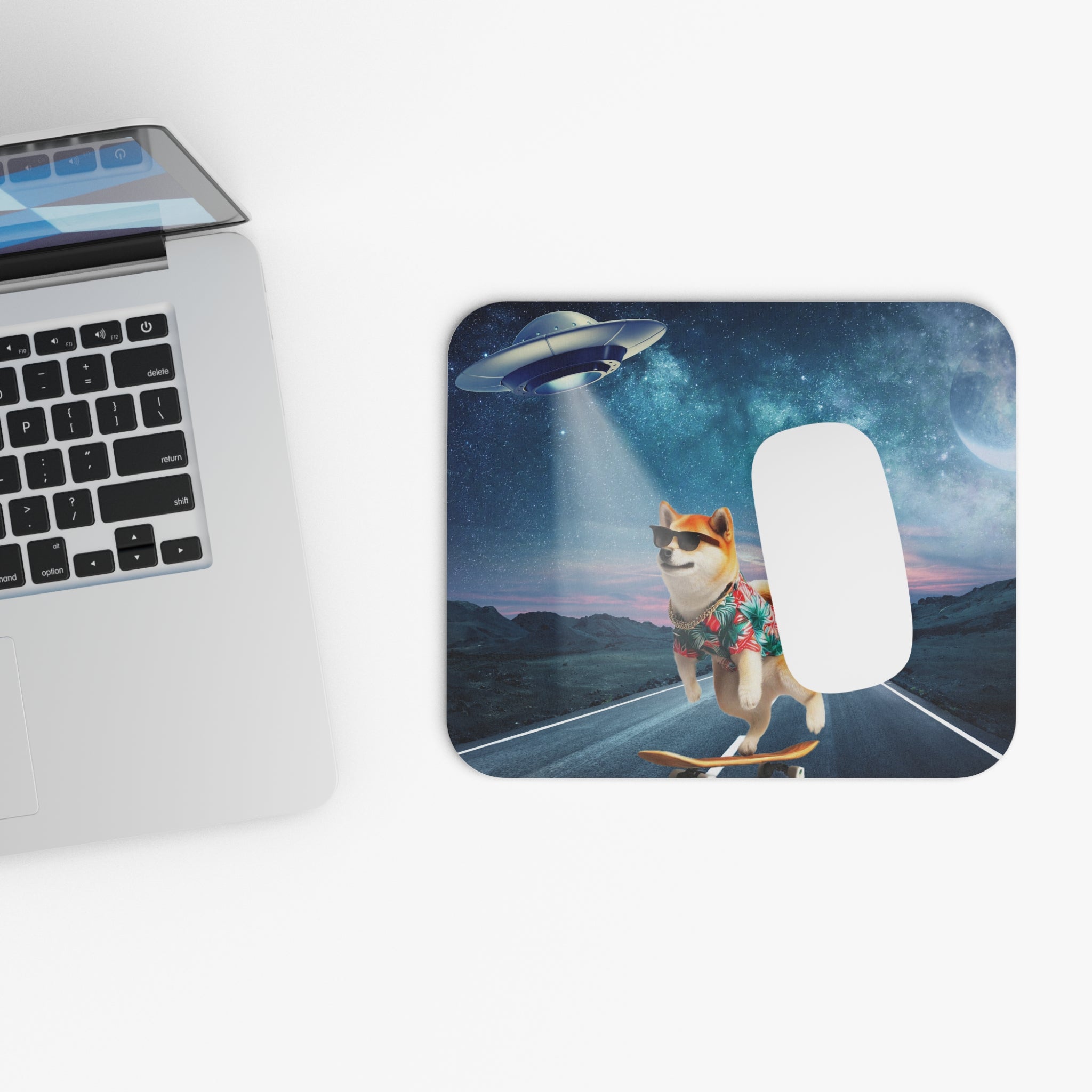 Another UFO Abduction Mouse Pad featuring a cute dog being abducted by a UFO, with a rubber base for grip and smooth mouse sliding action.