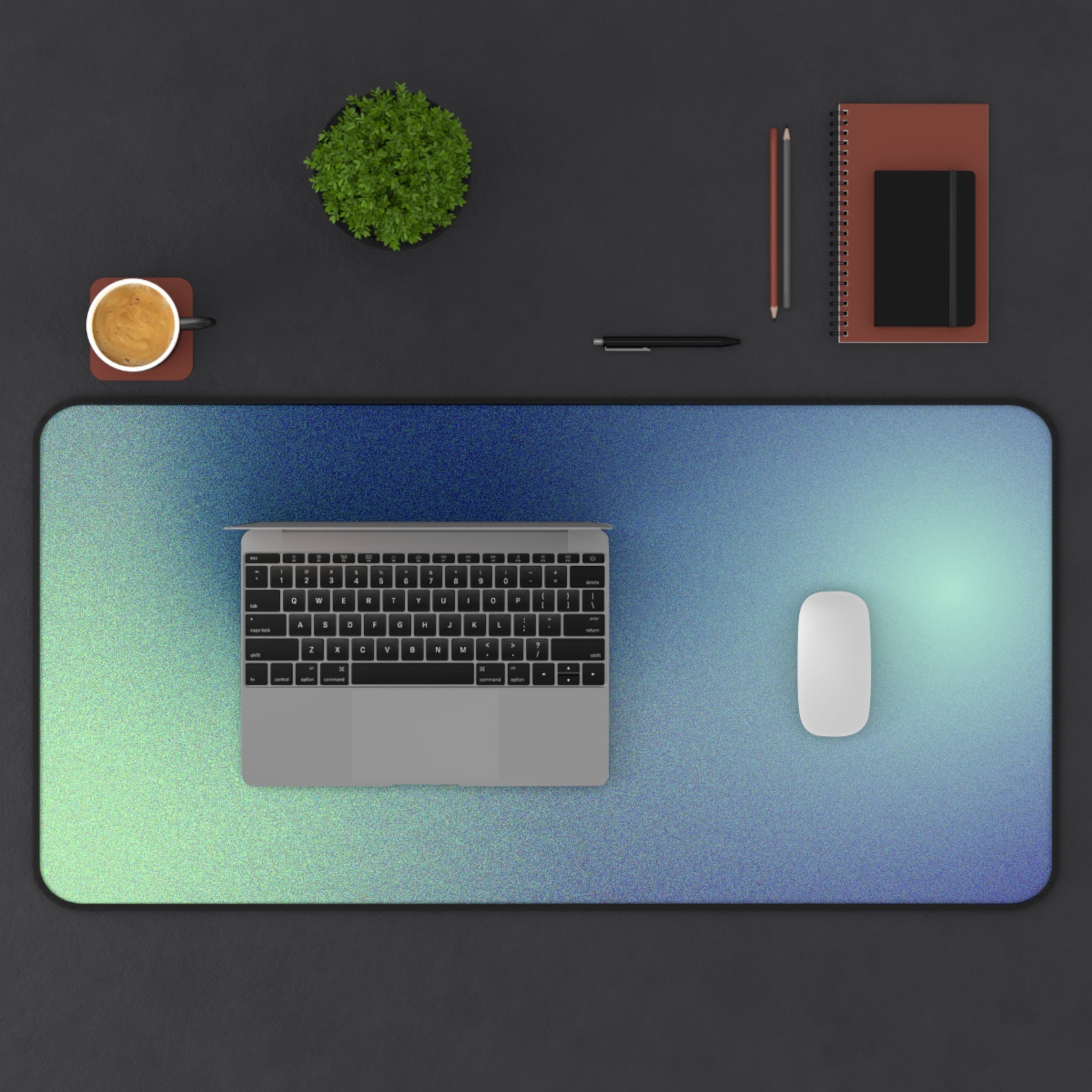 Blue Astronomy Space Desk Mat featuring a cosmic design, 4mm thick neoprene material, anti-slip backing, and hemmed edges for durability.