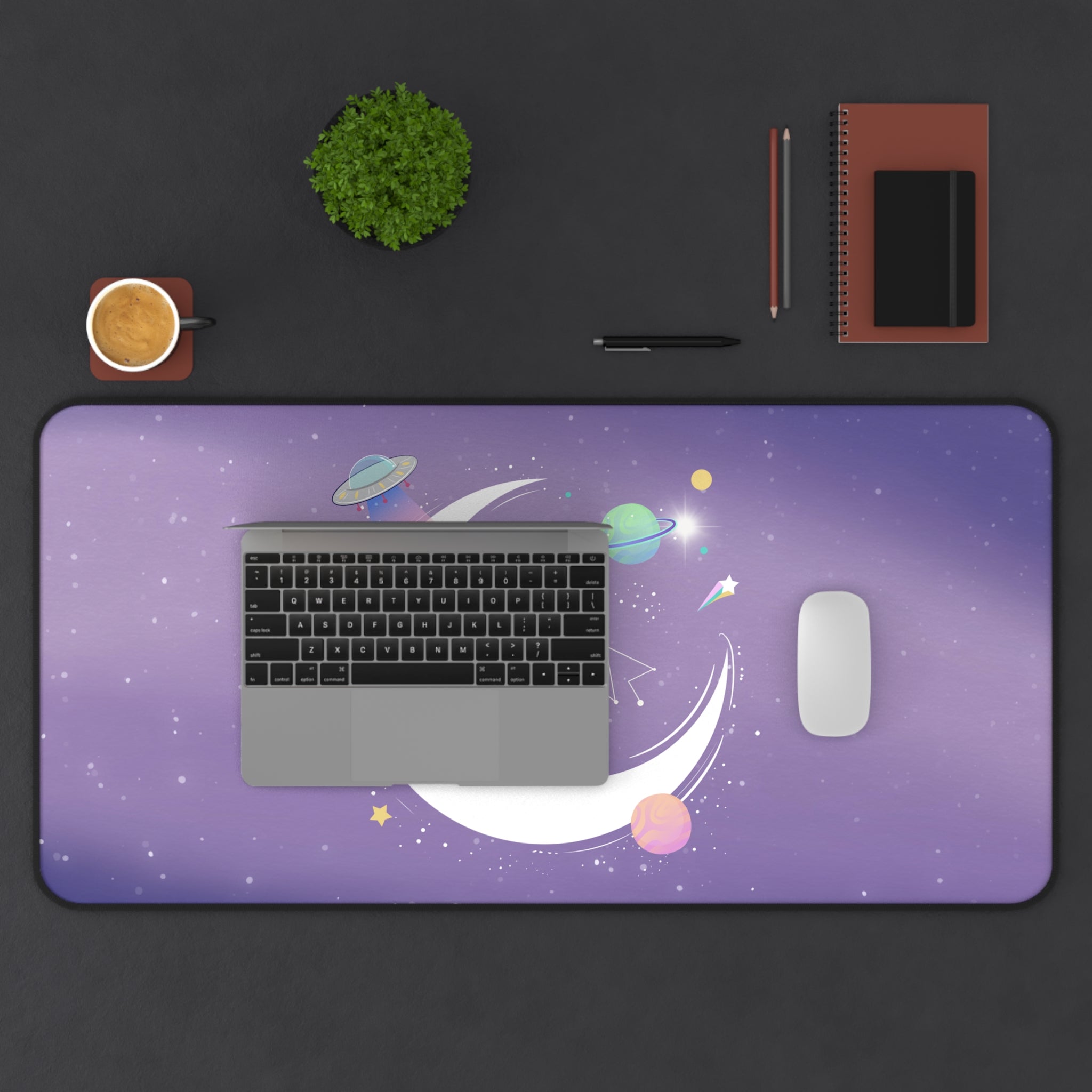 Chilling Alien Space Theme Desk Mat featuring vibrant alien graphics on a smooth neoprene surface, ideal for gaming and office use.