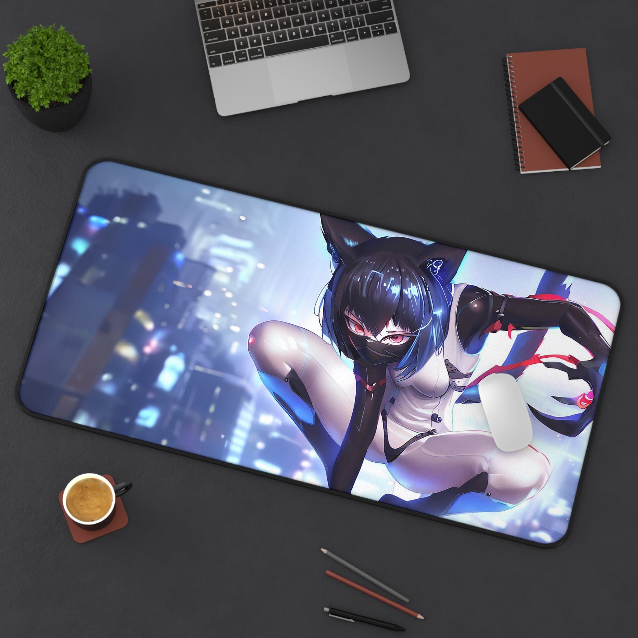 Cyborg Cat Girl Large Mouse Pad featuring vibrant design, anti-slip backing, and hemmed edges, perfect for gaming and office use.