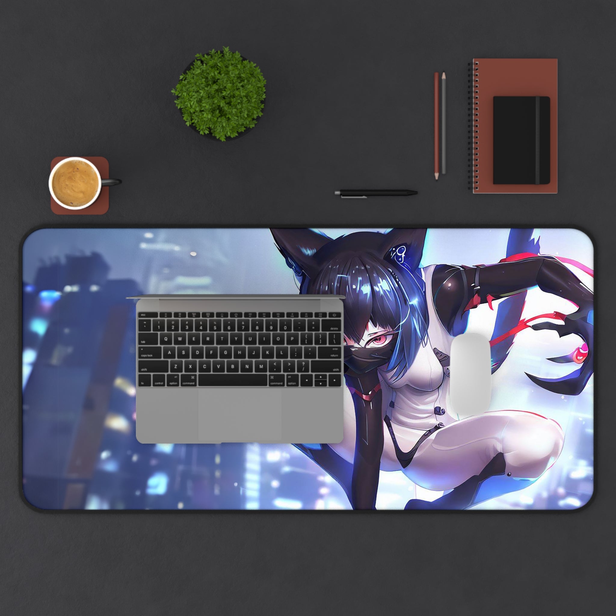 Cyborg Cat Girl Large Mouse Pad featuring vibrant design, anti-slip backing, and hemmed edges, perfect for gaming and office use.