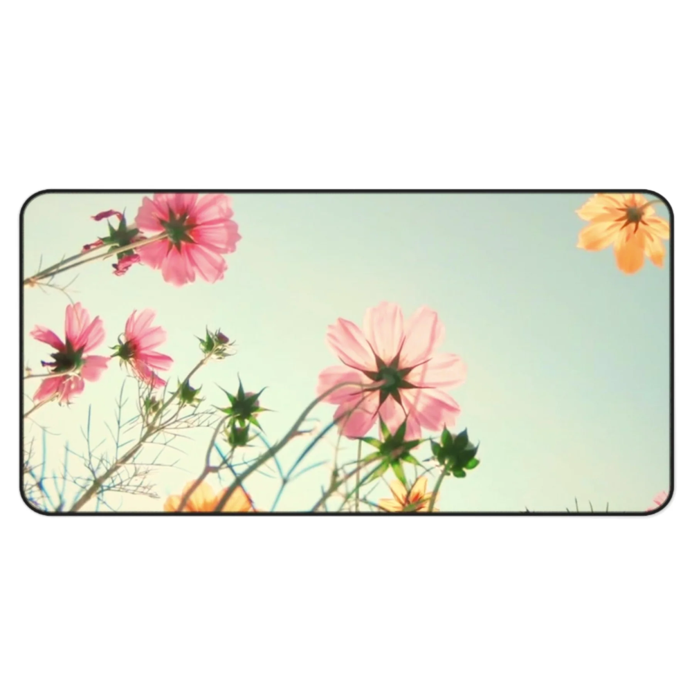 Flowers In The Field Desk Mat featuring a vibrant floral design, 4mm thick neoprene material, and anti-slip backing for stability.