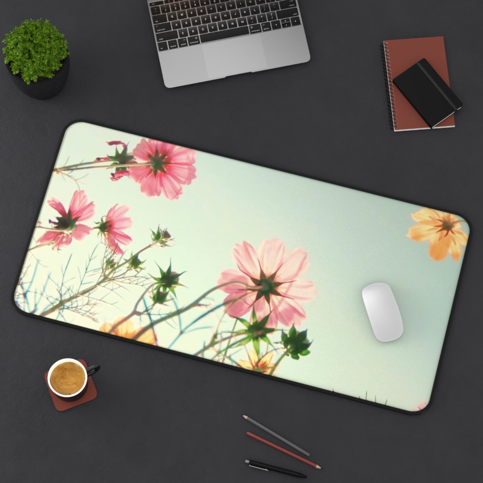 Flowers In The Field Desk Mat featuring a vibrant floral design, 4mm thick neoprene material, and anti-slip backing for stability.