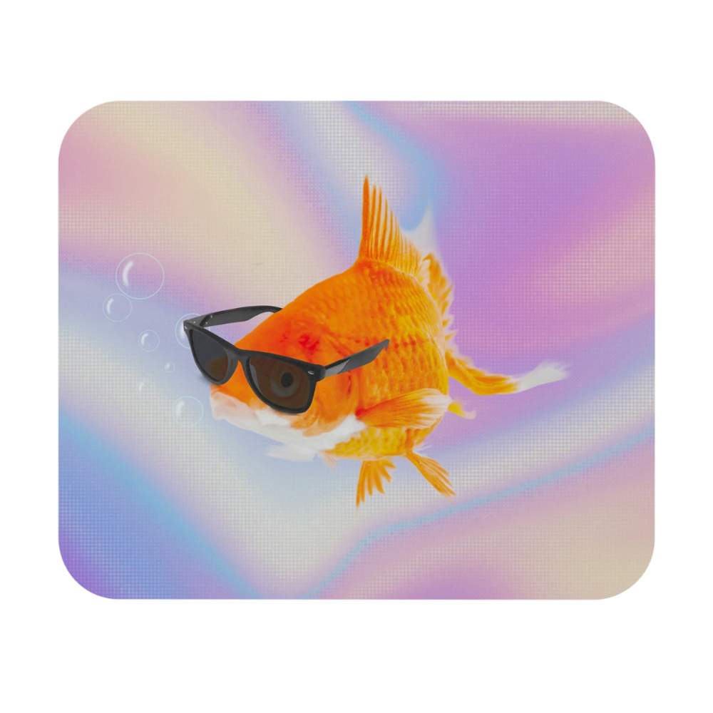 A colorful mouse pad featuring a gold fish wearing sunglasses, designed for smooth mouse movement and a strong grip.