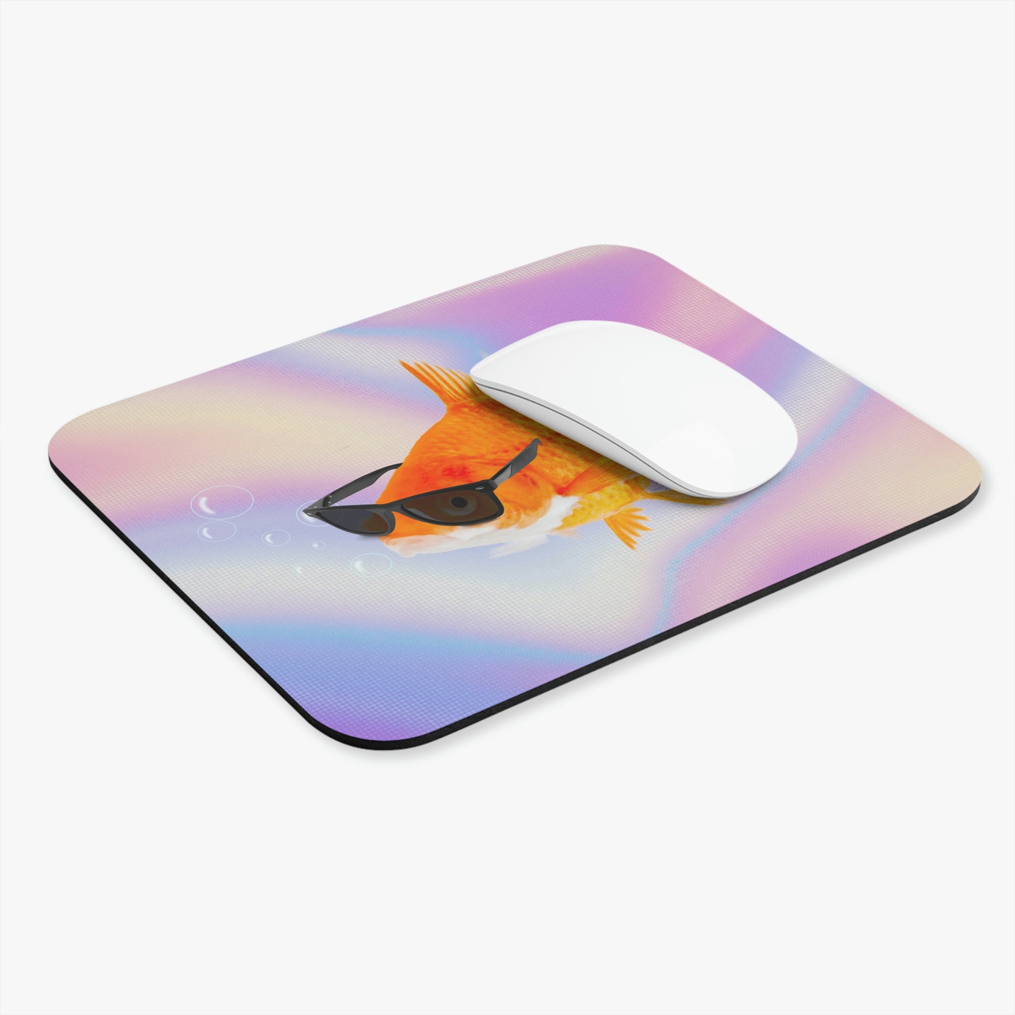 A colorful mouse pad featuring a gold fish wearing sunglasses, designed for smooth mouse movement and a strong grip.