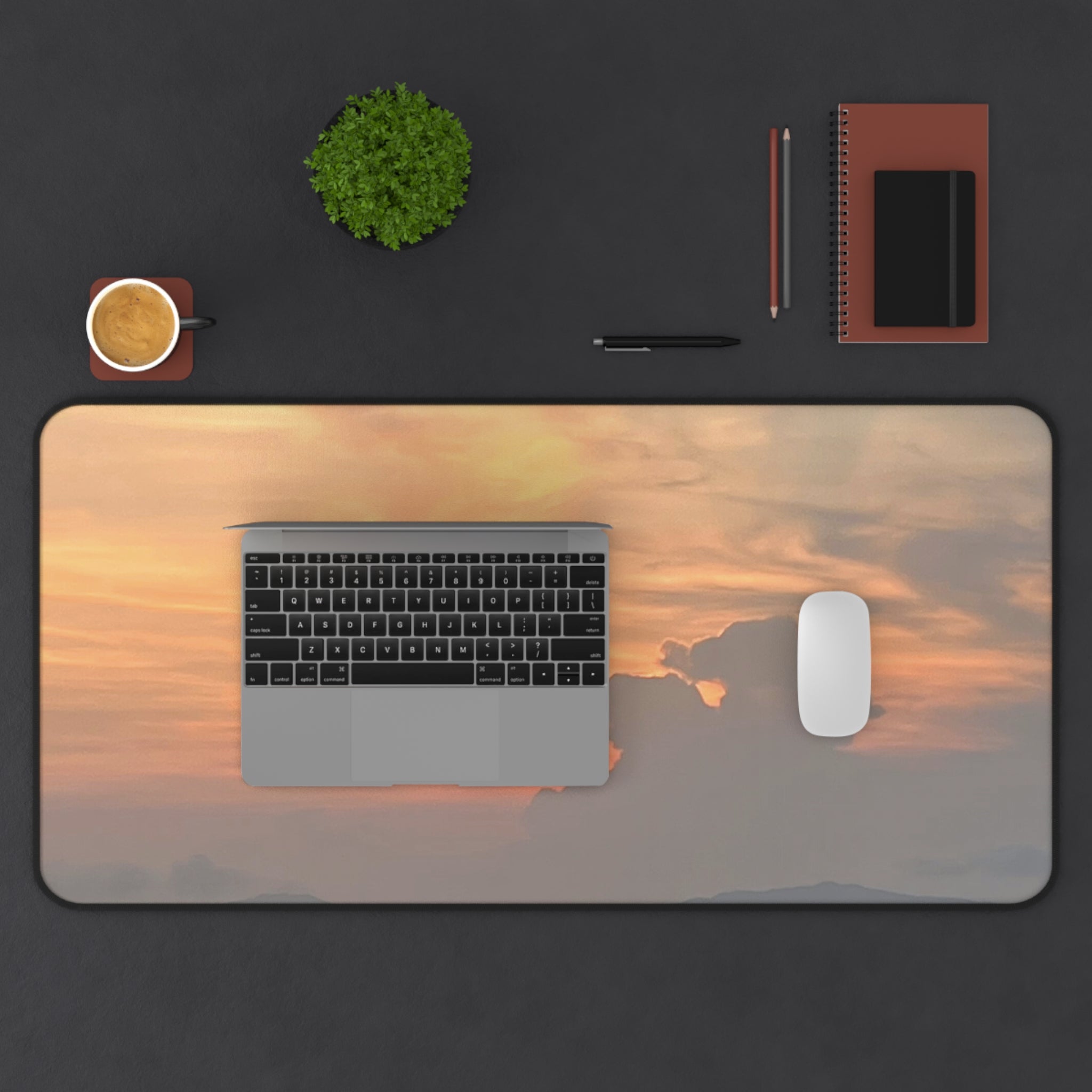 Golden Horizon Desk Mat featuring a smooth surface, anti-slip backing, and stylish design, measuring 31" x 15.5".