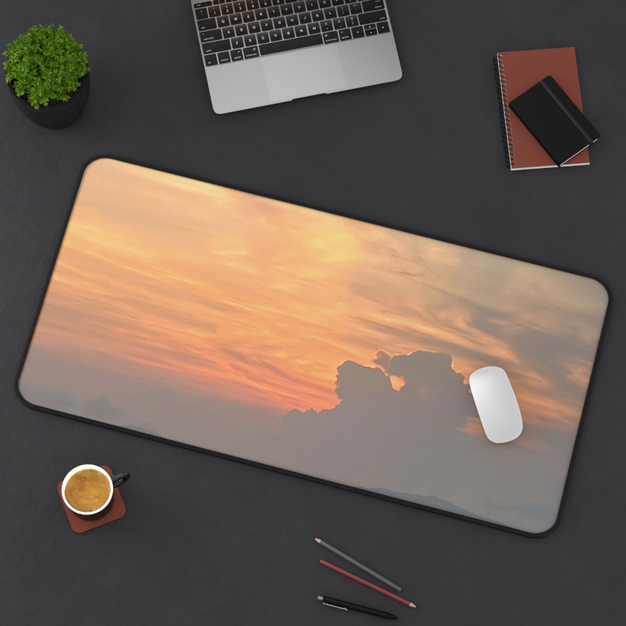 Golden Horizon Desk Mat featuring a smooth surface, anti-slip backing, and stylish design, measuring 31" x 15.5".