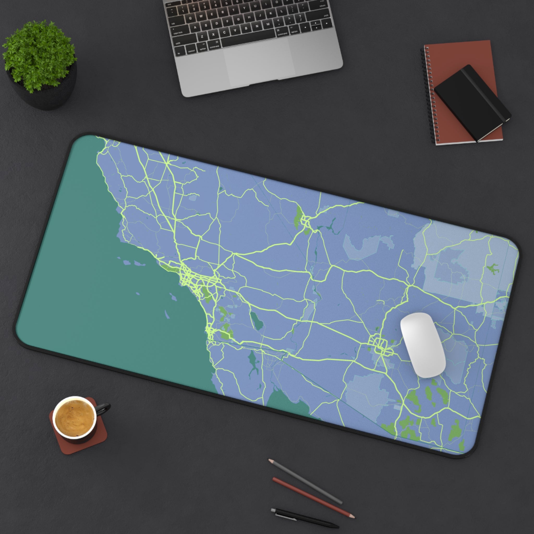 Los Angeles Map Desk Mat featuring a detailed map design, made of 4mm thick neoprene with anti-slip backing.