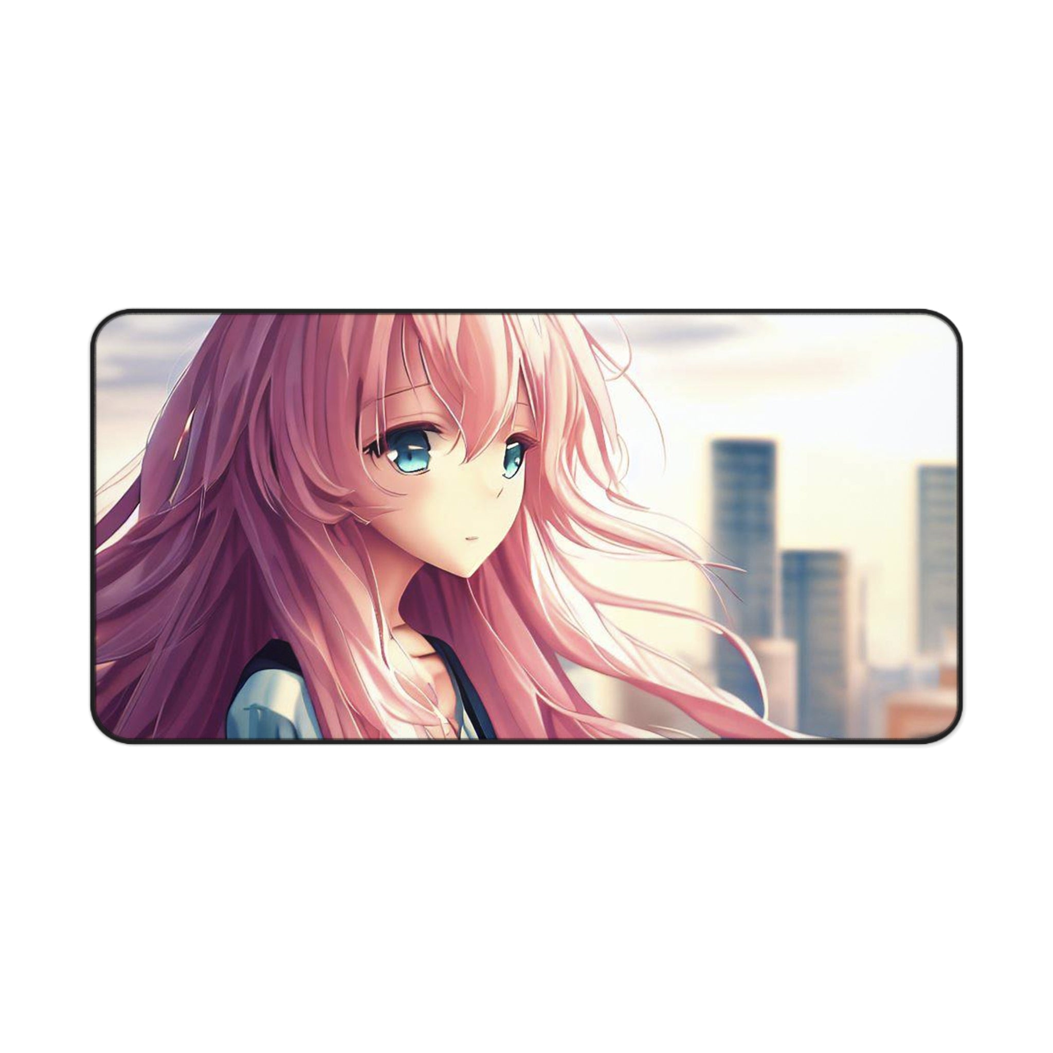 A vibrant pink hair anime girl desk mat featuring a smooth surface for mouse movement, with anti-slip backing and hemmed edges for durability.