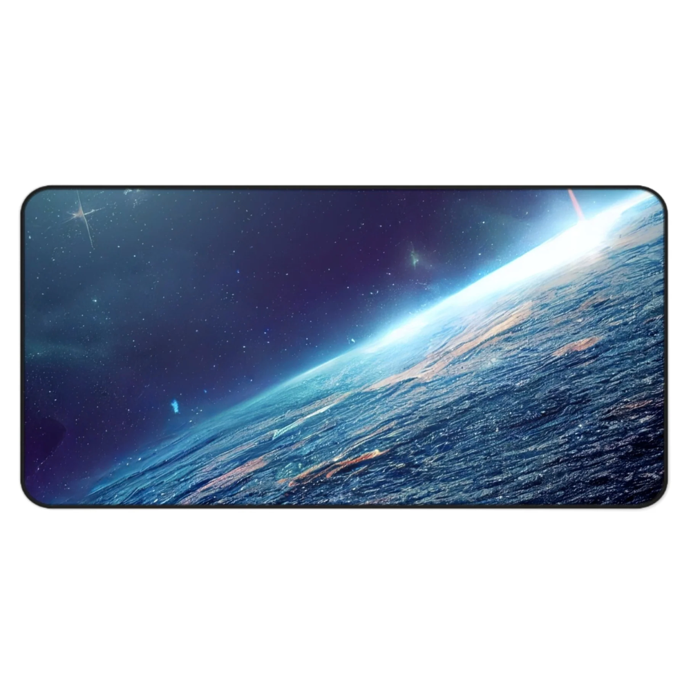 Still Earth Desk Mat featuring a sleek design, 4mm thick neoprene material, anti-slip backing, and hemmed edges, measuring 31" x 15.5".