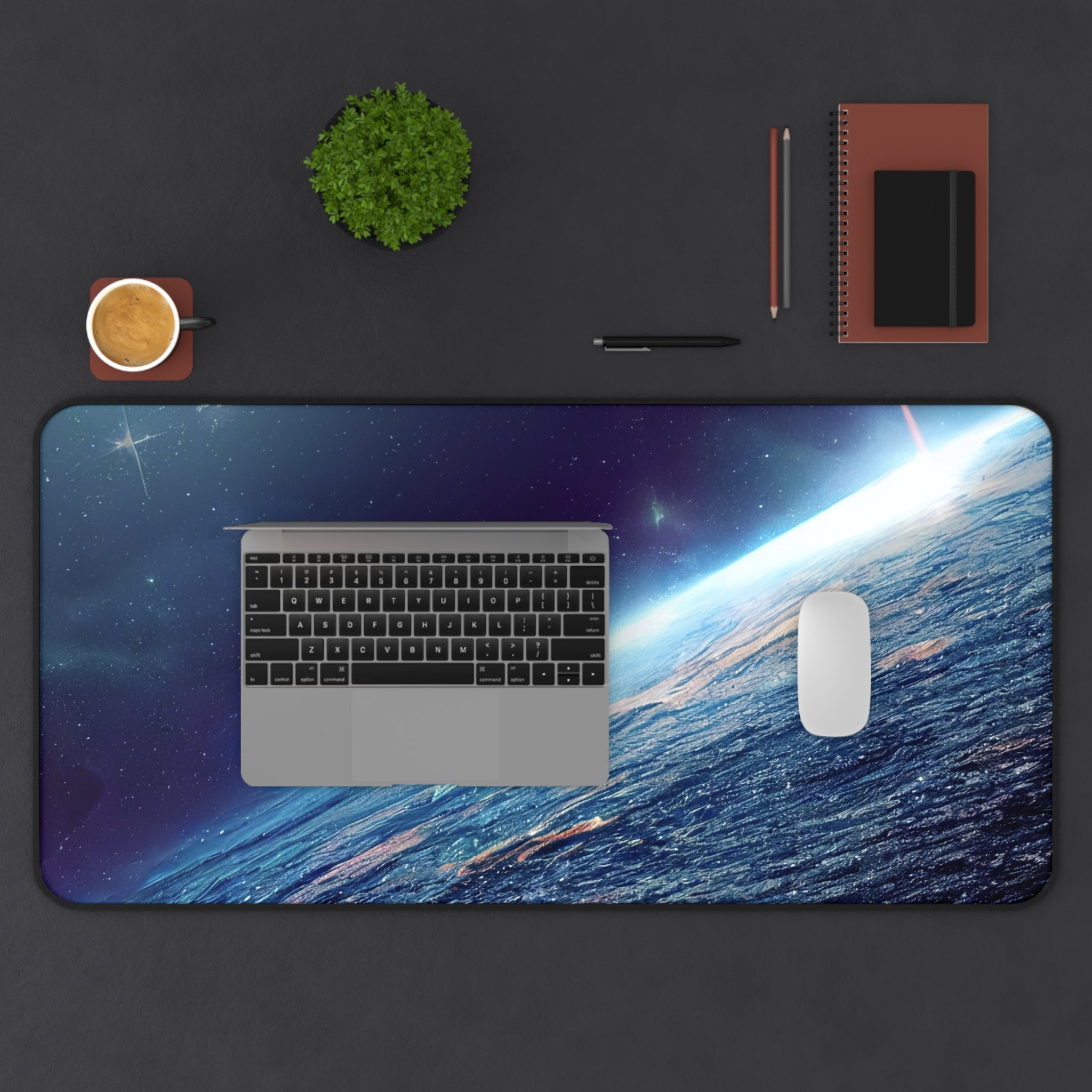 Still Earth Desk Mat featuring a sleek design, 4mm thick neoprene material, anti-slip backing, and hemmed edges, measuring 31" x 15.5".