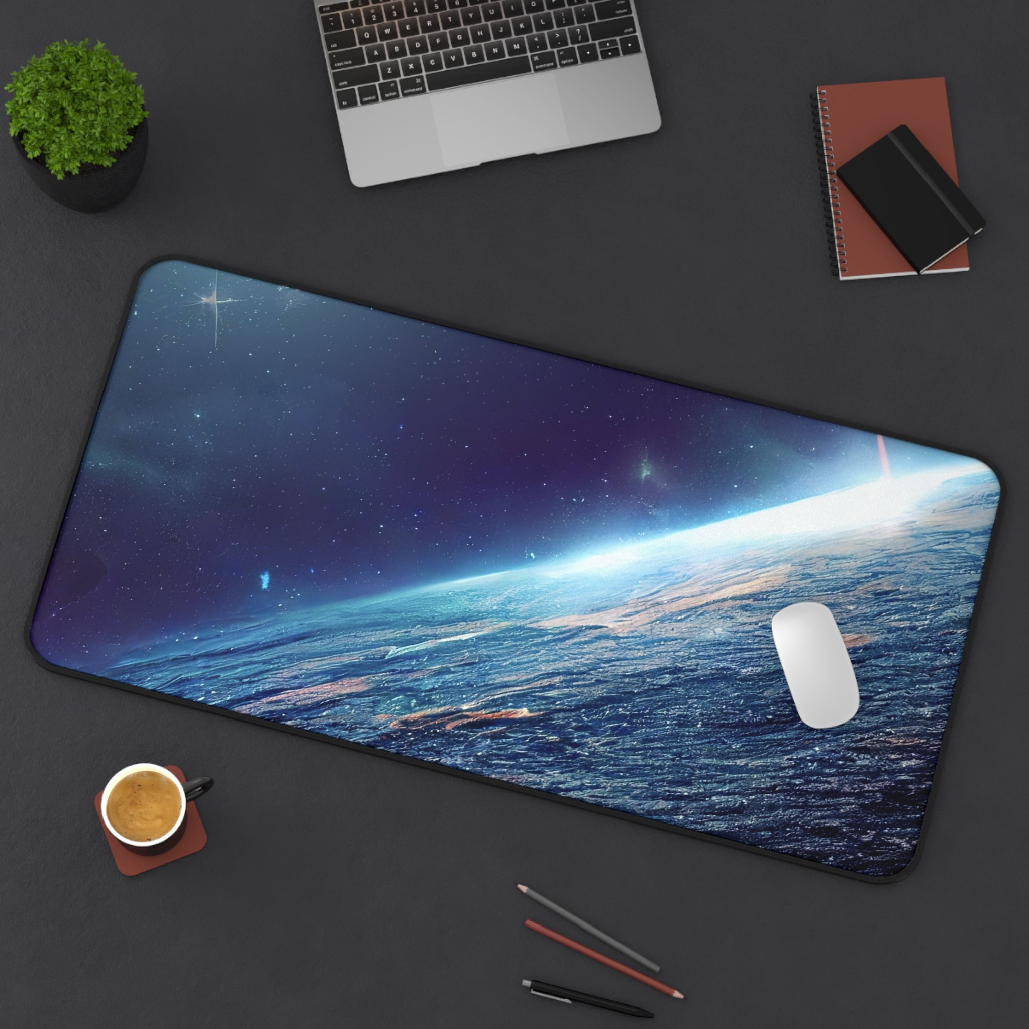 Still Earth Desk Mat featuring a sleek design, 4mm thick neoprene material, anti-slip backing, and hemmed edges, measuring 31" x 15.5".