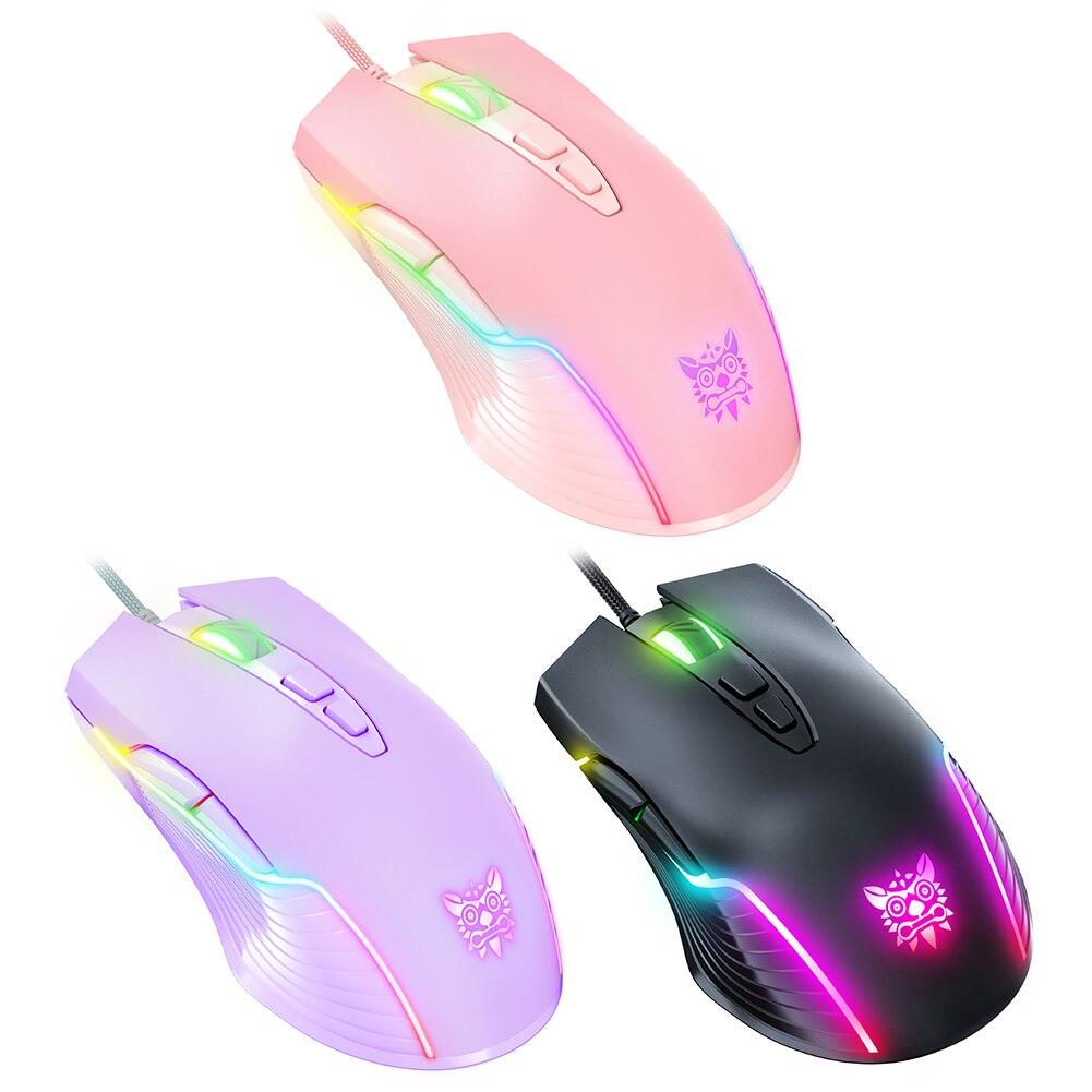 ONIKUMA CW905 USB Wired Gaming Mouse in Pink, Purple, and Black with RGB lighting and ergonomic design, showcasing its 6 DPI settings.