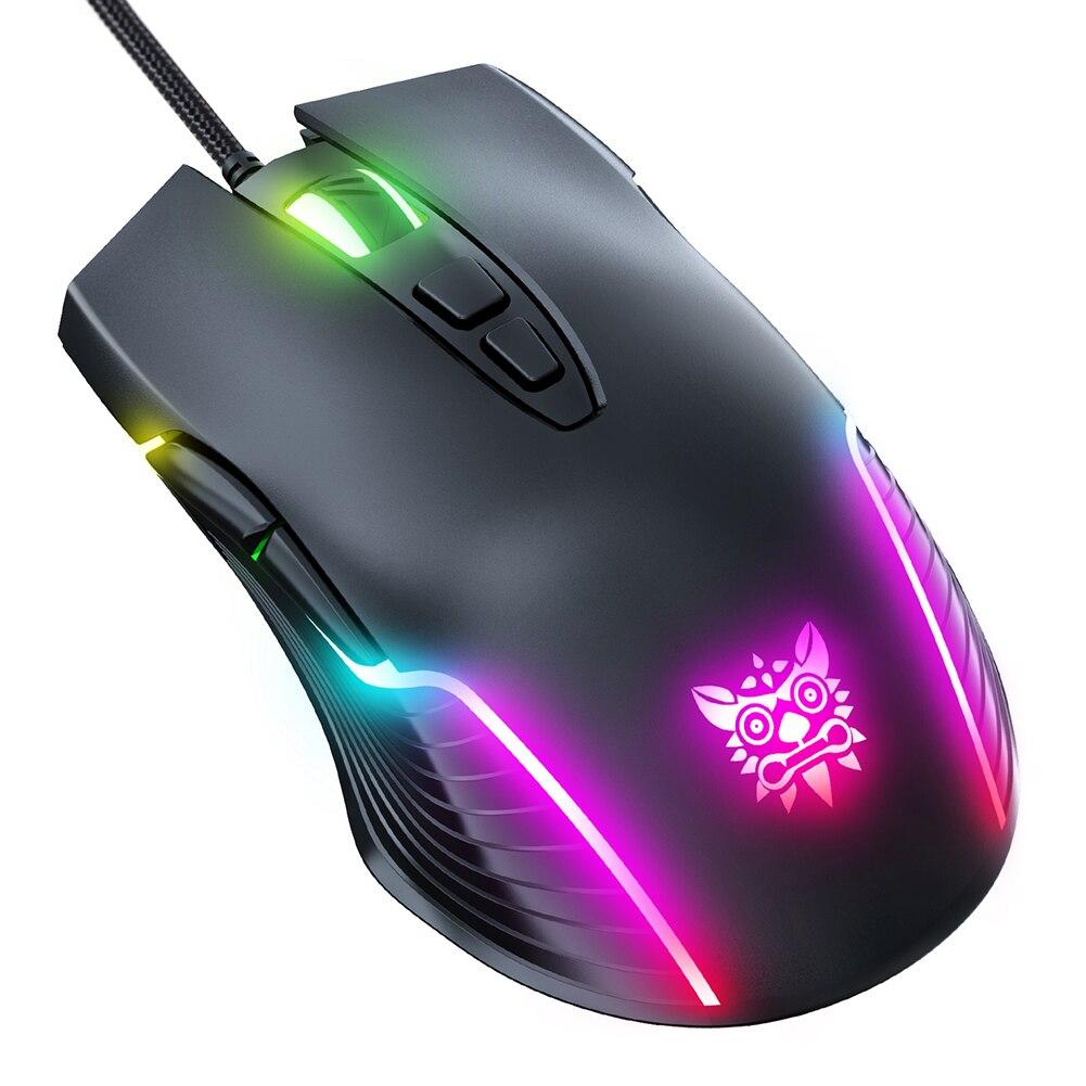 ONIKUMA CW905 USB Wired Gaming Mouse in Pink, Purple, and Black with RGB lighting and ergonomic design, showcasing its 6 DPI settings.