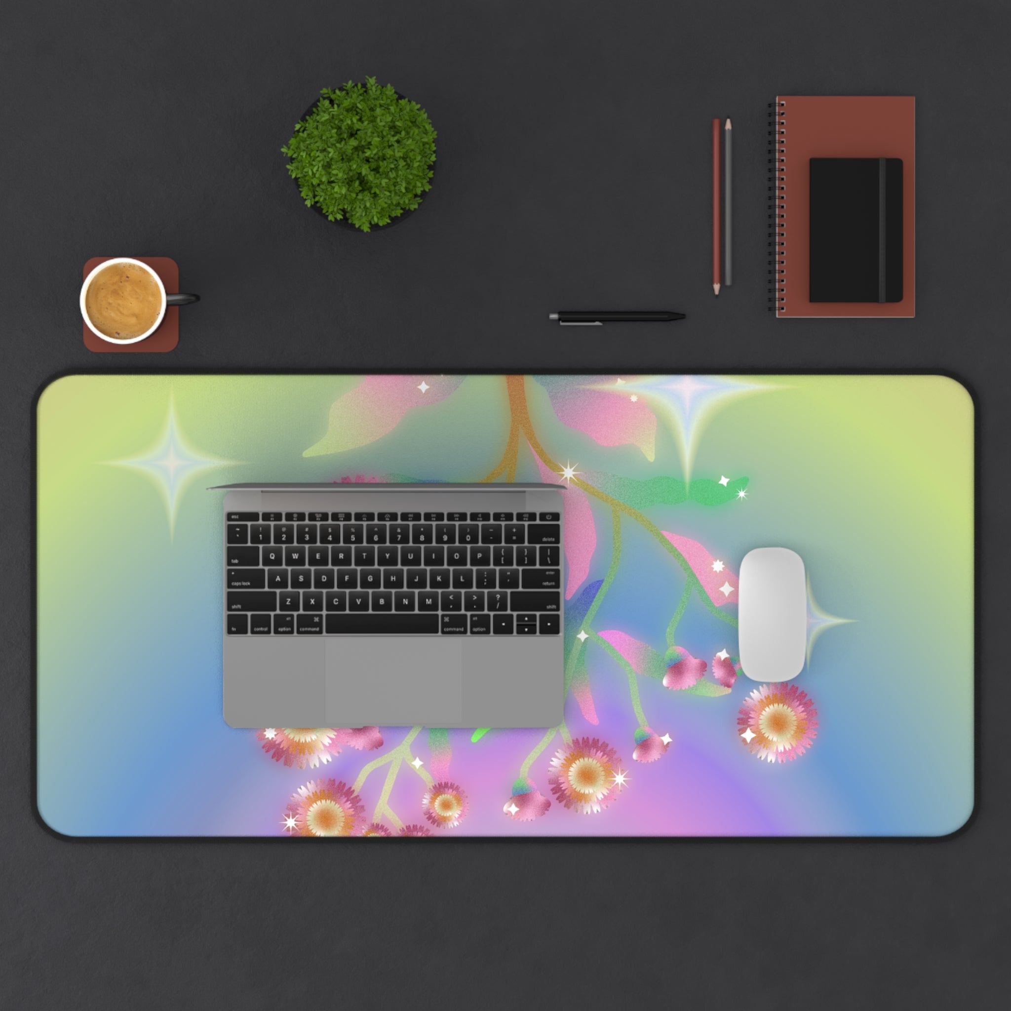 Virtual Flowers Desk Mat featuring a vibrant floral design, made of 4mm thick neoprene with anti-slip backing, perfect for gaming and office use.