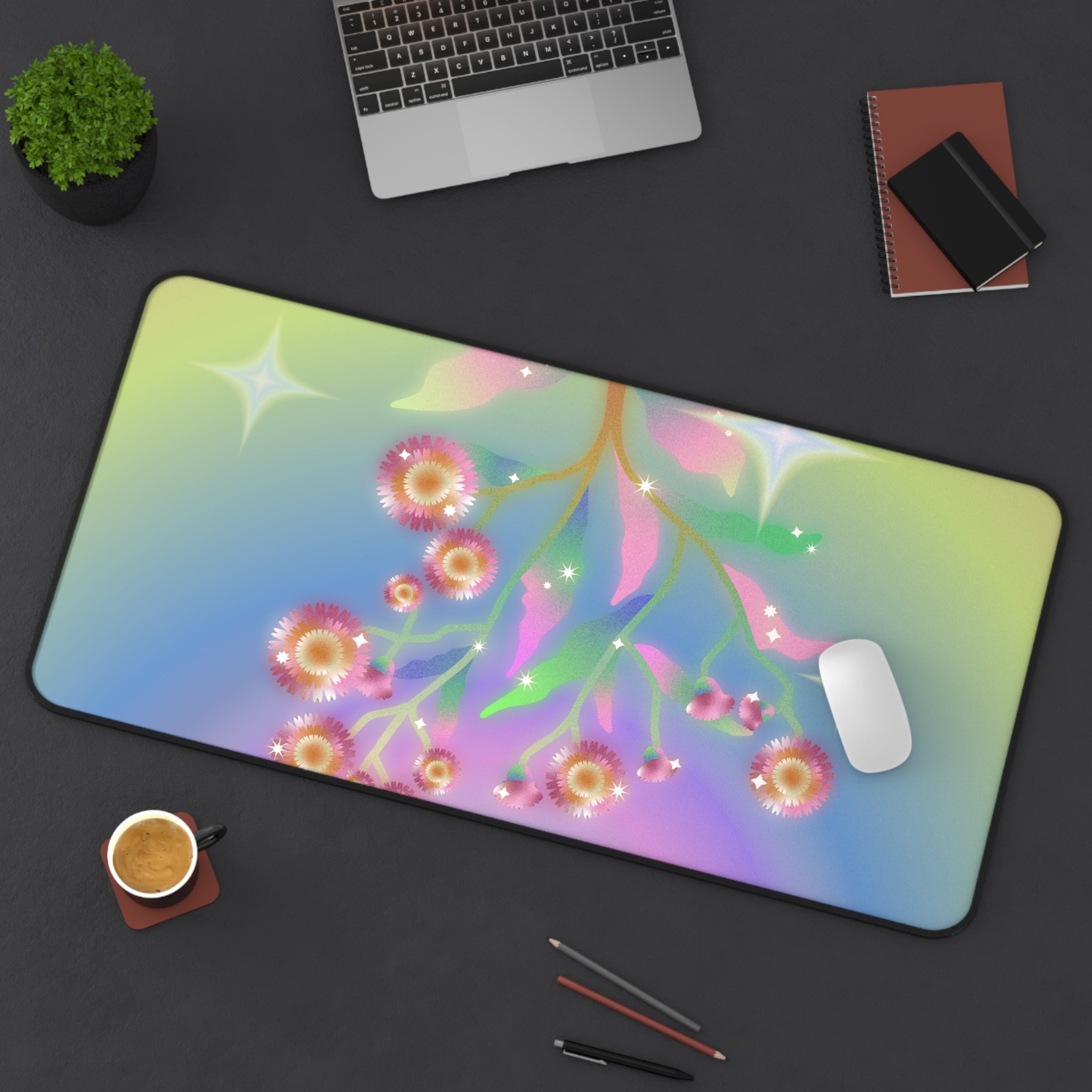 Virtual Flowers Desk Mat featuring a vibrant floral design, made of 4mm thick neoprene with anti-slip backing, perfect for gaming and office use.